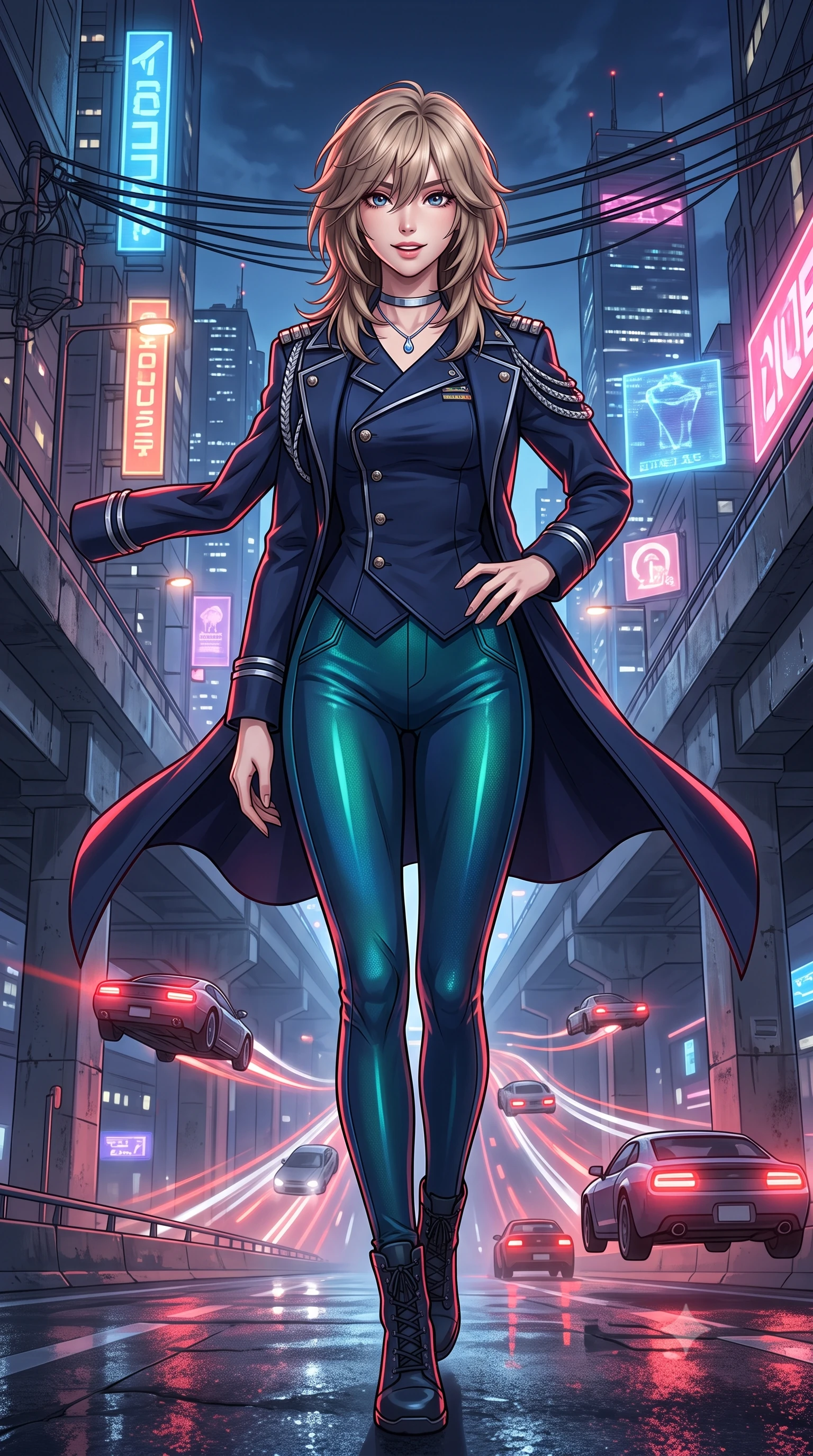 score_9, masterpiece, best quality, ultra-detailed, high-budget anime keyframe, semi-realistic 3D game render, editorial fashion photography, tasteful artistic composition, Japanese woman. low angle full-body shot from head to toe showing her feet, filling the entire 9:16 vertical frame with her statuesque presence, stretching her vertical silhouette. stepping slowly toward the camera with hypnotic grace, hips swaying in an alluring sensual rhythm that accentuates her curvy hourglass silhouette and long slender legs while standing poised on the high concrete freeway abutment high above rushing streams of hovering aerocars, arching her back with breathtaking anime heroine charisma. The surrounding environment is rendered in vivid detail and crisp panoramic clarity: detailed anime keyframe lines, rich glossy textures, and futuristic megalopolis highway infrastructure in razor-sharp precision. She has an exceptionally tall and slender model-like 8.5-heads proportion, an ultra-slim waist, a flat toned midriff, narrow delicate ribcage, and beautifully sculpted feminine hips creating a graceful, slim hourglass silhouette without any bulky heaviness, with impossibly long slender legs. sharp v-shaped jawline, high-bridge nose, intricate jewel-like sparkling eyes with depth, thick eyelashes, glossy parted lips with a natural peach sheen, bright cheerful beaming smile with an enchanting and coquettish sensual glint, exuding both youthful cute charm and seductive allure, flawlessly proportioned anatomical accuracy, strict slender model proportions, natural body alignment, perfectly sculpted long slender limbs, ultra-slim waistline, clean dynamic posture without body distortion. wearing a tailored flight command officer coat in midnight navy with structured lapels, metallic rank braids, and tailored slim trousers in bioluminescent emerald and abyssal sapphire, tailored from high-density tech-wool with subtle metallic thread weave, finished with a minimalist chrome choker and a single teardrop diamond pendant, the impeccably tailored cut draping gracefully along her slender figure with aristocratic poise. illuminated by wet concrete reflection bounce and sharp ruby-white rim lights sculpting her jawline, narrow waist, and curvy hips. highly saturated vibrant anime colors, detailed shading with soft gradients, rich glossy textures, high-contrast stereoscopic depth, volumetric dynamic lighting, master piece, 9:16 ratio
