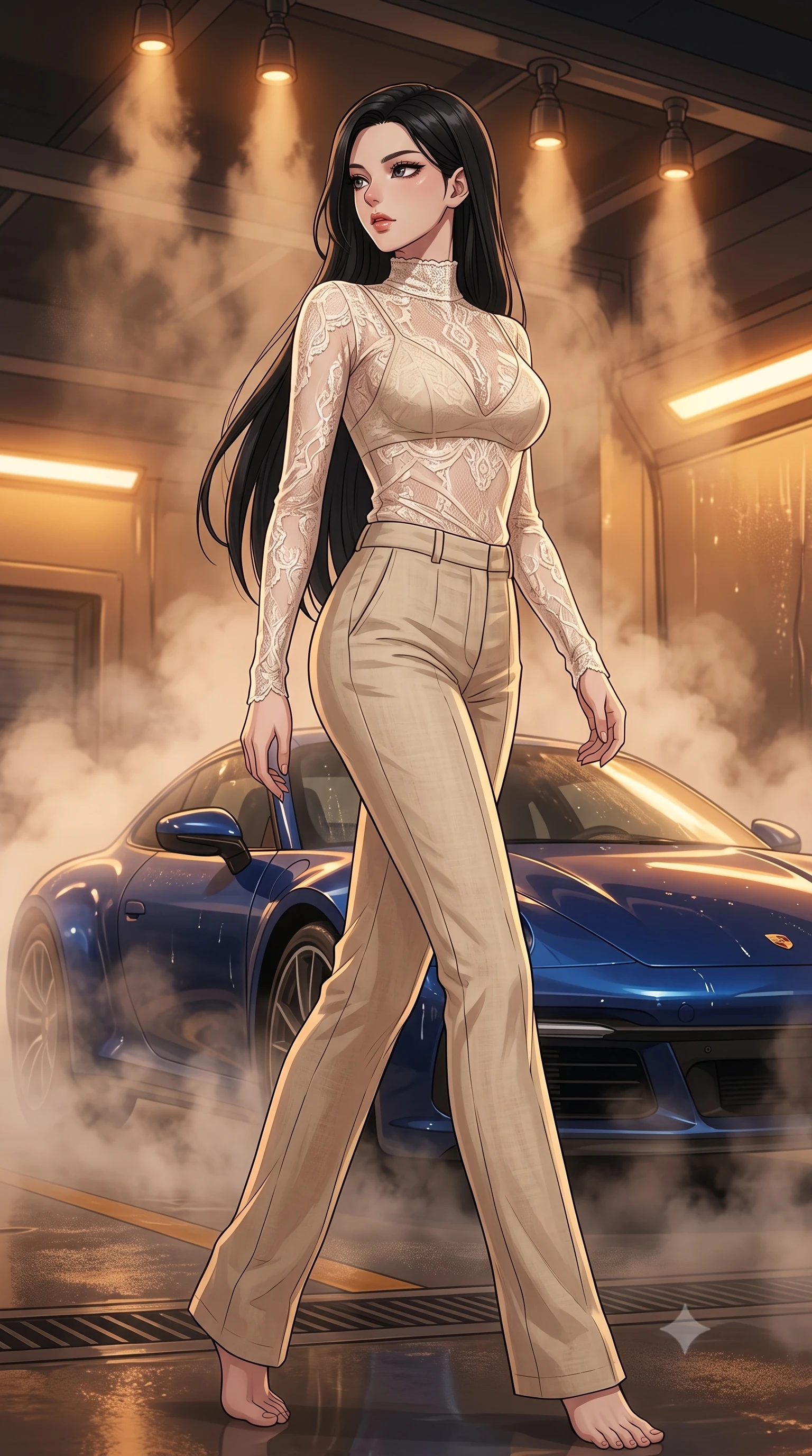 score_9, masterpiece, best quality, ultra-detailed, high-budget anime keyframe, tasteful artistic composition, Korean woman. low angle full-body shot from head to toe showing her feet, filling the entire 9:16 vertical frame with her statuesque presence, stretching her vertical silhouette. stepping gracefully while looking back over her shoulder, her dress draped tightly to reveal her silhouette the background shows a soft-focus an automated wash bay with steam rising softly around a dark blue sports car. She has an absolutely perfect, statuesque 8.5-heads proportion, an exceptionally tall and slender model-like female figure with impossibly long slender legs and an ultra-slim waist. sharp v-shaped jawline, high-bridge nose, intricate jewel-like eyes with depth, thick eyelashes, glossy lips with a natural sheen. wearing a body-hugging sheer lace blouse in ivory white, worn over a simple beige bralette and high-waisted linen trousers. warm low-key amber lights highlighting the glossy steam and wet textures. highly saturated vibrant anime colors, cel-shading, 2d style, master piece, 9:16 ratio