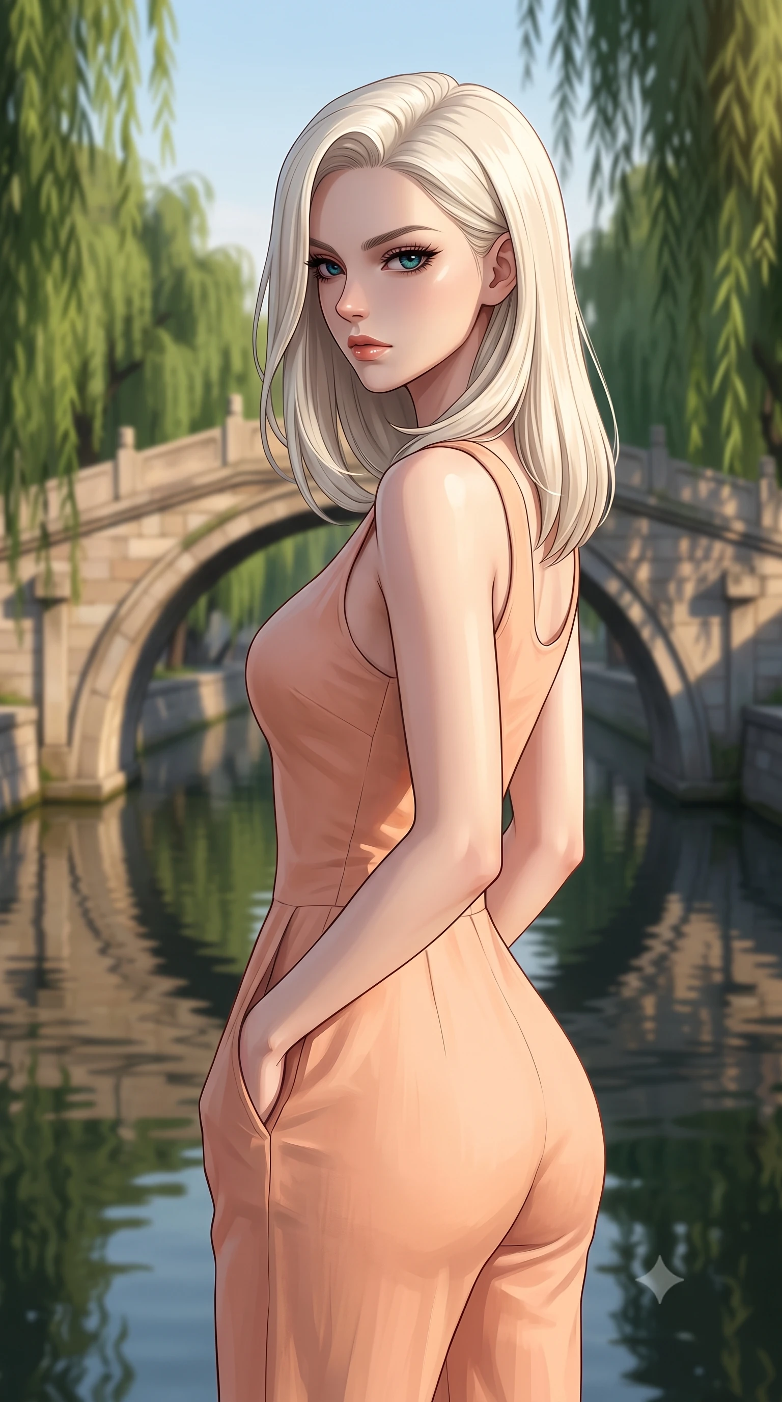 score_9, masterpiece, best quality, ultra-detailed, high-budget anime keyframe, editorial fashion photography, tasteful artistic composition, Caucasian woman woman. close-up cowboy shot from the waist and thighs up, the character dominates the composition, filling the frame with her large presence, background elements kept in soft focus. turning her face in sharp profile, casting a cold, mysterious, yet intensely sensual side gaze the background shows a soft-focus a classic stone arch bridge over a quiet city canal, with green weeping willows lining the banks. She has an exceptionally elegant, slender, and willowy female figure with an ultra-slim waist, a gracefully sculpted slender torso, and a refined silhouette. sharp v-shaped jawline, high-bridge nose, intricate jewel-like eyes with depth, thick eyelashes, glossy lips with a natural sheen. wearing a form-contouring modern linen jumpsuit in soft peach, featuring a comfortable scoop neckline and side pockets. late afternoon sun casting long shadows of the willows on the water. 2k, ultra detail, master piece, 9:16 ratio