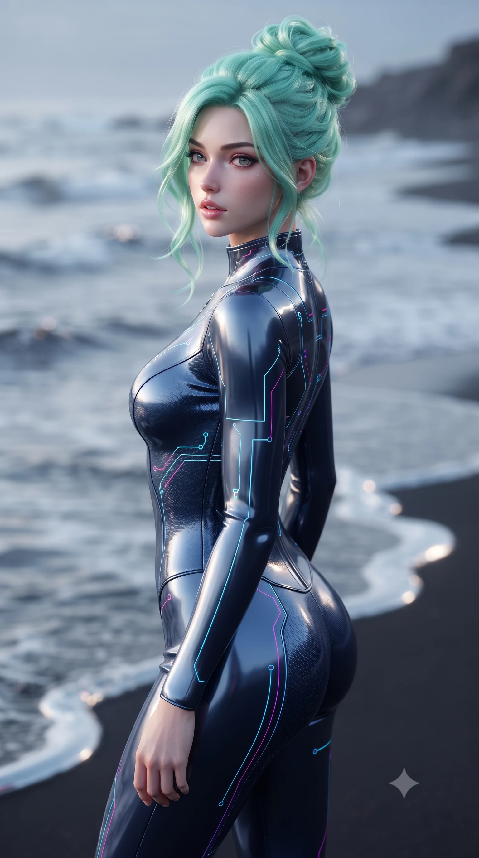score_9, masterpiece, best quality, ultra-detailed, high-budget anime keyframe, editorial fashion photography, tasteful artistic composition, Japanese woman. close-up cowboy shot from the waist and thighs up, the character dominates the composition, filling the frame with her large presence, background elements kept in soft focus. turning her face in profile to look over her shoulder, casting a smoldering side gaze with lips slightly parted, the background shows a soft-focus a liquid metal ocean coast where waves of chrome mercury lap onto basalt sand. She has an exceptionally elegant, slender, and willowy female figure with an ultra-slim waist, a gracefully sculpted slender torso, and a refined silhouette. sharp v-shaped jawline, high-bridge nose, intricate jewel-like eyes with depth, thick eyelashes, glossy lips with a natural sheen. wearing a slim-fit body-hugging deep navy nano-texturing catsuit decorated with thin, glowing cybernetic circuitry lines. highly reflective chrome-like surface casting a silver rim light on her silhouette. ultra-reflective glossy finish, specular highlights, metallic sheen, high-contrast stereoscopic depth, volumetric dynamic lighting, 2k, ultra detail, master piece, 9:16 ratio
