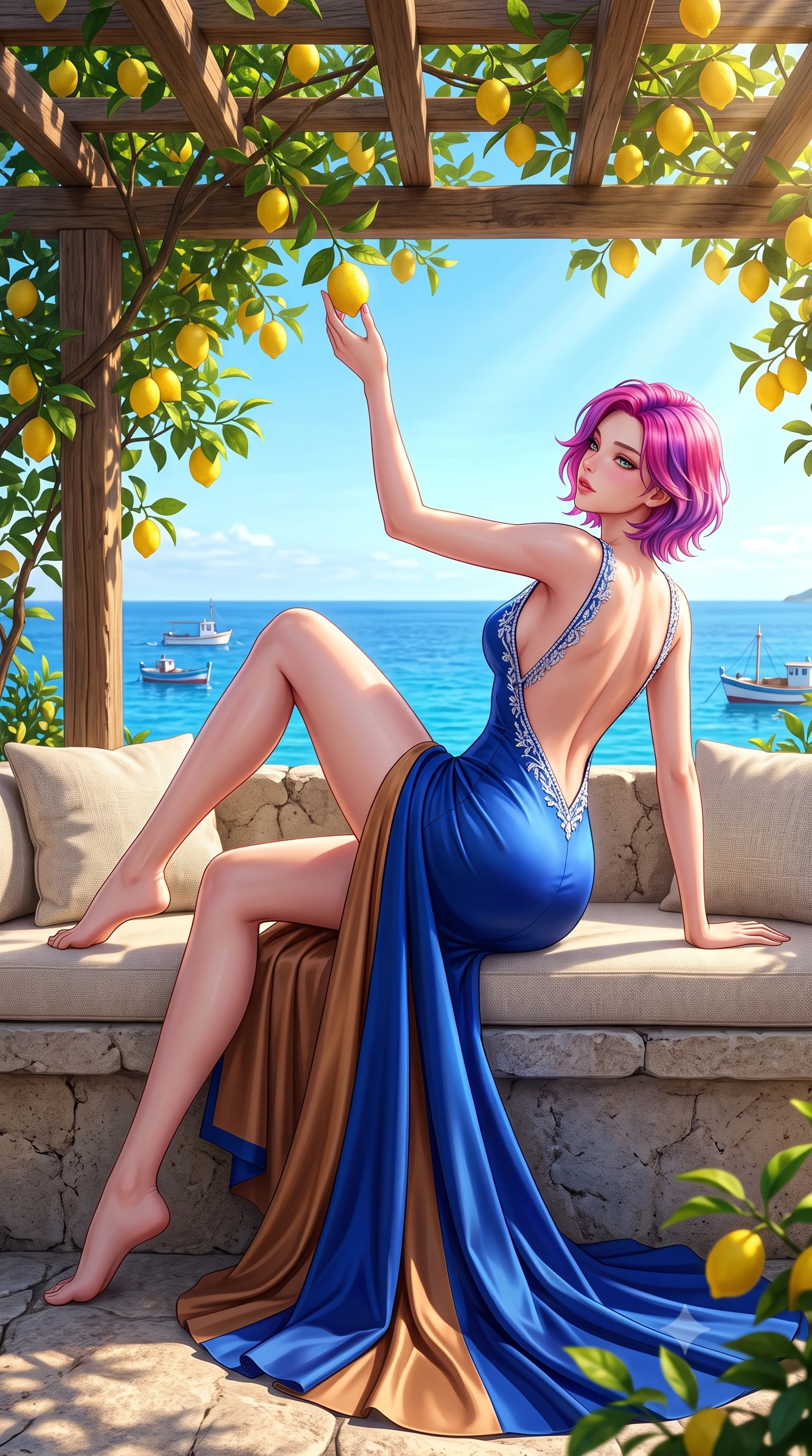 score_9, masterpiece, best quality, ultra-detailed, high-budget anime keyframe, semi-realistic 3D game render, editorial fashion photography, tasteful artistic composition, Caucasian woman. low angle full-body shot from head to toe showing her feet, filling the entire 9:16 vertical frame with her statuesque presence, stretching her vertical silhouette. reclining on her side in an elegant Cleopatra pose with one knee drawn up, the dramatic contour of her rounded hips and long slender legs commanding the 9:16 vertical frame while reaching up with one hand to touch a ripe yellow lemon hanging from the rustic wooden pergola, arching her back to accentuate her curvaceous hips and toned waist. The surrounding environment is rendered in vivid detail and crisp panoramic clarity. detailed linen sundress weave, sun-dappled skin highlights, and distant fishing boat clarity in high resolution. She has an exceptionally tall and slender model-like 8.5-heads proportion, an ultra-slim waist, a flat toned midriff, narrow delicate ribcage, and beautifully sculpted feminine hips creating a graceful, slim hourglass silhouette without any bulky heaviness, with impossibly long slender legs. sharp v-shaped jawline, high-bridge nose, intricate jewel-like eyes with depth, thick eyelashes, glossy parted lips with a natural sheen, intensely captivating and seductive bedroom-eyes expression, flawlessly proportioned anatomical accuracy, strict slender model proportions, natural body alignment, perfectly sculpted long slender limbs, ultra-slim waistline, clean dynamic posture without body distortion. wearing an open-back duchess satin gala gown with a dramatic hip-hugging drape and cascading trailing hem in royal sapphire blue and liquid bronze, tailored from water-resistant treated wool gabardine and flexible stretch silk, finished with delicate crystal frost embroidery tracing the plunging neckline, the dramatically scooped open back descending to the base of her spine, accentuating her razor-sharp statuesque lines and slim hourglass silhouette. bathed in brilliant Mediterranean golden hour sunlight dappled through lush lemon tree leaves. highly saturated vibrant anime colors, detailed shading with soft gradients, rich glossy textures, high-contrast stereoscopic depth, volumetric dynamic lighting, master piece, 9:16 ratio