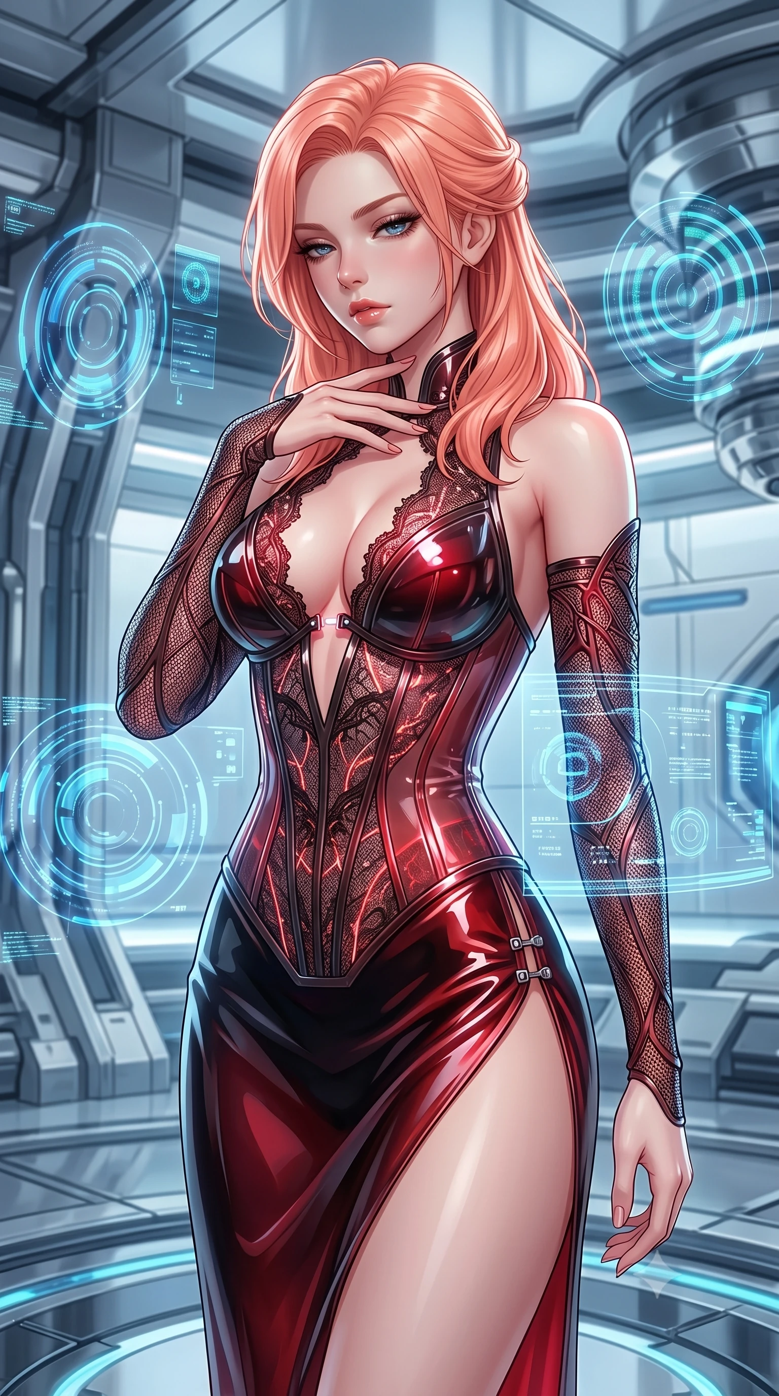 score_9, masterpiece, best quality, ultra-detailed, high-budget anime keyframe, semi-realistic 3D game render, editorial fashion photography, tasteful artistic composition, Japanese woman. close-up cowboy shot from the waist and thighs up, the character dominates the composition, filling the frame with her large presence. resting her fingers lightly against her throat while looking down with a smoldering, haughty yet intensely captivating glance while pivoting dynamically in a pristine high-tech bio-lab as holographic diagnostic rings swirl around her. The surrounding environment is rendered in vivid detail and crisp panoramic clarity. pristine futuristic bio-technology architecture captured with environmental sharpness. She has an exceptionally elegant, slender, and willowy female figure with an ultra-slim waist, a gracefully sculpted slender torso, and a refined silhouette. sharp v-shaped jawline, high-bridge nose, intricate jewel-like eyes with depth, thick eyelashes, glossy lips with a natural sheen, flawlessly proportioned anatomical accuracy, natural body alignment, perfectly sculpted elegant limbs, clean dynamic posture without body distortion. wearing a translucent cybernetic corset in semi-opaque structured vinyl, combined with detached sleeves and a deep-plunging neckline secured by glowing micro-straps in glossy obsidian black and radiant crimson red, crafted from delicate dark lace interwoven with luminescent micro-fibers, finished with an ultra-high side slit secured by miniature magnetic clasps, the sleek aerodynamic cut emphasizing her magnetic presence and alluring physical grace. surrounded by a sterile yet deeply seductive, ethereal, and pristine android rebirth atmosphere. highly saturated vibrant anime colors, detailed shading with soft gradients, rich glossy textures, high-contrast stereoscopic depth, volumetric dynamic lighting, master piece, 9:16 ratio