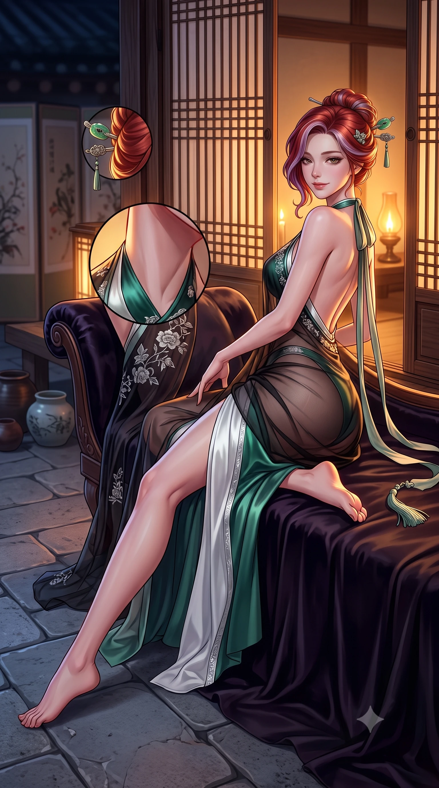 score_9, masterpiece, best quality, ultra-detailed, high-budget anime keyframe, semi-realistic 3D game render, editorial fashion photography, tasteful artistic composition, Caucasian woman. low angle full-body shot from head to toe showing her feet, filling the entire 9:16 vertical frame with her statuesque presence, stretching her vertical silhouette. reclining gracefully across the plush chaise lounge with one leg extended, her sculpted silhouette and flat midriff radiating magnetic nocturnal glamour while twisting her slender torso in an alluring contrapposto pose beside the sliding rice-paper door, warm candlelight silhouette outlining her curves. The surrounding environment is rendered in vivid detail and crisp panoramic clarity: detailed sheer jeogori embroidery, jade hairpin glints, and traditional Korean courtyard masonry in razor-sharp precision. She has an absolutely perfect, statuesque 8.5-heads proportion, an exceptionally tall and slender model-like female figure with impossibly long slender legs, an ultra-slim waist, a flat toned midriff, narrow delicate ribcage, and beautifully sculpted feminine hips creating a graceful, slim hourglass silhouette without any bulky heaviness. sharp v-shaped jawline, high-bridge nose, sparkling eyes with hypnotic seductive depth, thick curled eyelashes, glossy parted lips with a natural dewy peach sheen, alluring bedroom-eyes with an enchanting coquettish smile, exuding magnetic siren charisma and sophisticated glamour, flawlessly proportioned anatomical accuracy, strict slender model proportions, natural body alignment, perfectly sculpted long slender limbs, ultra-slim waistline, clean dynamic posture without body distortion. wearing a sheer black gauze norigae slip dress worn over a liquid satin undergarment, hugging her flat midriff and hourglass curves in moonlit jade green and pure alabaster white with silver accents, made of delicate semi-sheer Korean gossamer organza with subtle pearlescent glints, finished with long silk ribbon ties fluttering down her bare spine from a backless halter, the form-contouring silhouette accentuating her sculpted flat midriff, narrow delicate ribcage, and gracefully curvy hips with intoxicating allure. illuminated by paper screen glow bounce and sharp amber rim lights sculpting her jawline, ultra-slim waist, and curvy hips. highly saturated vibrant anime colors, detailed shading with soft gradients, rich glossy textures, high-contrast stereoscopic depth, volumetric dynamic lighting, master piece, 9:16 ratio