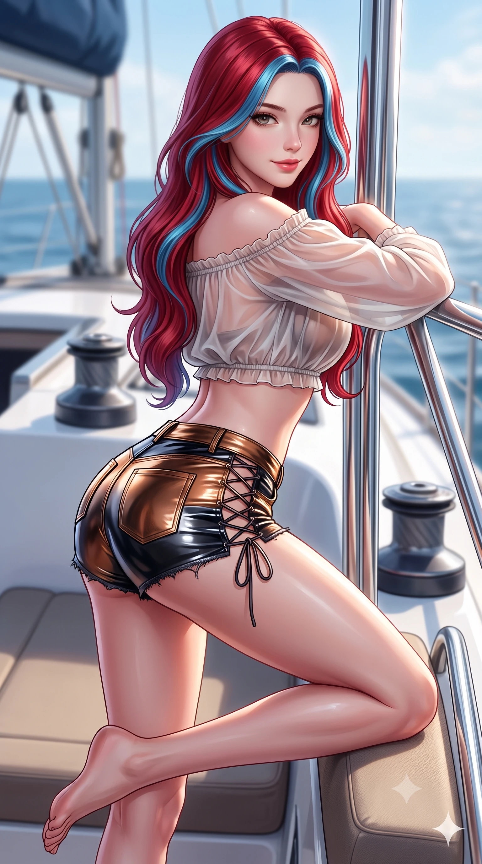 score_9, masterpiece, best quality, ultra-detailed, high-budget anime keyframe, semi-realistic 3D game render, editorial fashion photography, tasteful artistic composition, Caucasian woman. close-up cowboy shot from the waist and thighs up, the character dominates the composition, filling the frame with her large presence. perched sideways on the lounge seat, one knee drawn up to showcase her slender leg line while her arched back accentuates her feminine hip curve while leaning against the yacht stainless steel pulpit railing with hips cocked back, looking into the lens with an irresistible bedroom-gaze. The background shows a soft-focus racing yacht halyard winches softened in high-seas nautical shallow focus. She has an exceptionally elegant, slender, and willowy female figure with an ultra-slim waist, flat toned midriff, narrow ribcage, and sculpted feminine hips creating an alluring, slim hourglass silhouette without bulk. sharp v-shaped jawline, high-bridge nose, sparkling eyes with hypnotic seductive depth, thick curled eyelashes, glossy parted lips with a natural dewy peach sheen, alluring bedroom-eyes with an enchanting coquettish smile, exuding magnetic siren charisma and sophisticated glamour, flawlessly proportioned anatomical accuracy, strict slender model proportions, natural body alignment, perfectly sculpted long slender limbs, ultra-slim waistline, clean dynamic posture without body distortion. wearing an off-the-shoulder sheer peasant crop blouse with elastic ruched neckline paired with tight distressed cutoff shorts in metallic liquid bronze and Mojave obsidian black, crafted from wet-look high-gloss vinyl fabric with dazzling specular surface reflections, featuring fine criss-cross lace-up side ties revealing tantalizing glimpses of her hip curve, the glove-like clinging cut tightly following the natural contour of her hips and long slender legs with youthful 8.5-heads elegance. illuminated by sea spray bounce and sharp platinum rim lights defining her delicate clavicles, ultra-slim waist, and curvy hips. highly saturated vibrant anime colors, detailed shading with soft gradients, rich glossy textures, high-contrast stereoscopic depth, volumetric dynamic lighting, master piece, 9:16 ratio