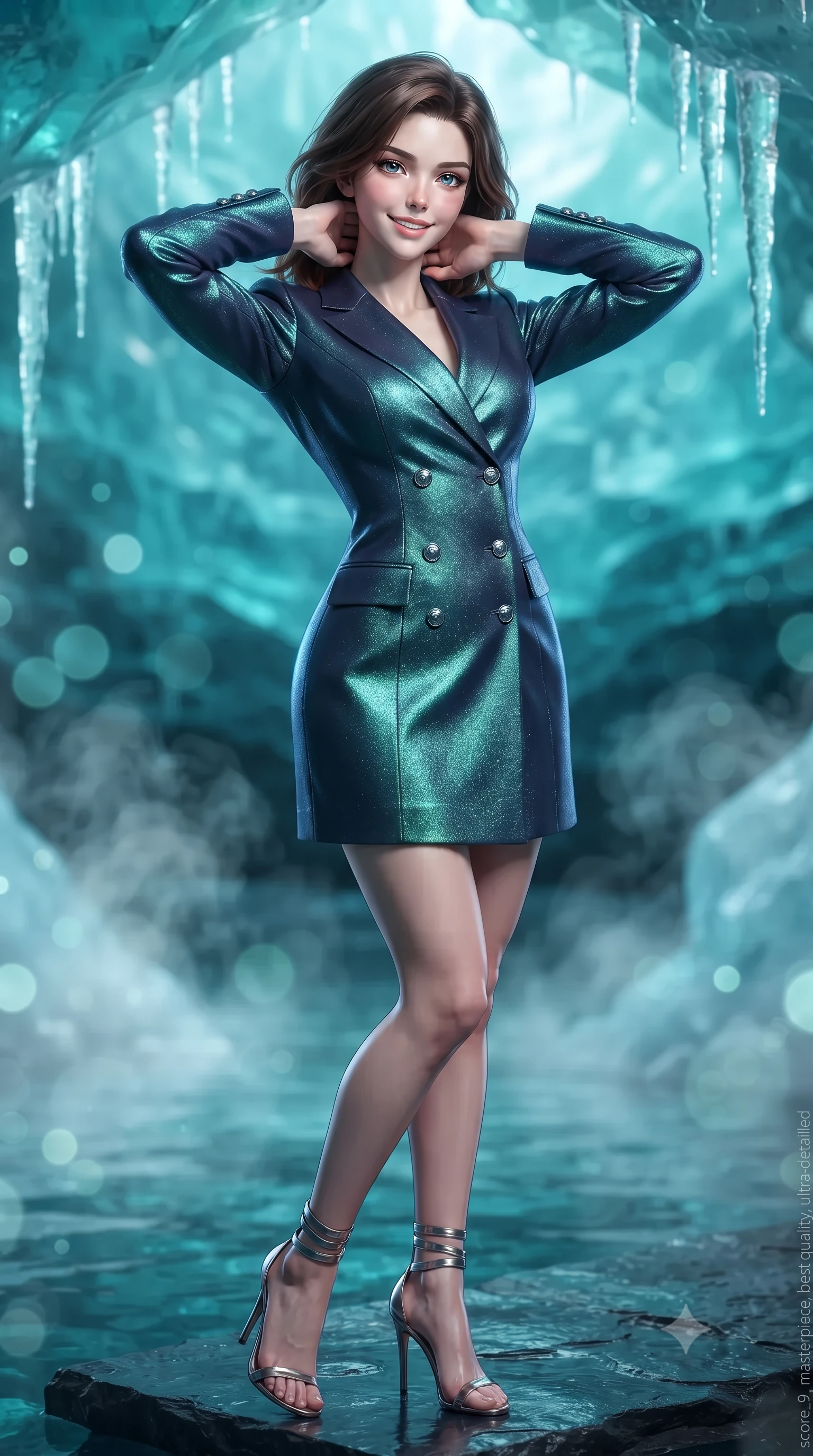 score_9, masterpiece, best quality, ultra-detailed, high-budget anime keyframe, editorial fashion photography, tasteful artistic composition, Korean woman. close-up cowboy shot from the waist and thighs up, the character dominates the composition, filling the frame with her large presence. resting both hands lightly behind her neck with elbows raised, arching her spine to highlight her narrow waist, flat midriff, and breathtaking collarbones while standing poised on the heated black slate edge of the subterranean cryo-lagoon inside ancient glacial ice, arching her back with siren poise as warm mineral vapors rise. The background shows a soft-focus translucent turquoise and sapphire glacial ice strata, suspended crystalline icicles, and rising thermal mineral steam blurred into cyan, aquamarine, and diamond bokeh. She has an exceptionally elegant, slender, and willowy female figure with an ultra-slim waist, flat toned midriff, narrow ribcage, and sculpted feminine hips creating an alluring, slim hourglass silhouette without bulk. sharp v-shaped jawline, high-bridge nose, intricate jewel-like sparkling eyes with depth, thick eyelashes, glossy parted lips with a natural peach sheen, bright cheerful beaming smile with an enchanting and coquettish sensual glint, exuding both youthful cute charm and seductive allure, flawlessly proportioned anatomical accuracy, strict slender model proportions, natural body alignment, perfectly sculpted long slender limbs, ultra-slim waistline, clean dynamic posture without body distortion. wearing a tailored double-breasted iridescent silk lamé coat dress with metallic button closures in abyssal ocean sapphire and bioluminescent emerald, tailored from high-density tech-wool with subtle metallic thread weave, complemented by strappy stiletto sandals with metallic ankle wraps accentuating her slender calves, the impeccably tailored cut draping gracefully along her slender figure with aristocratic poise. illuminated by pool surface reflection bounce and sharp ice-blue rim lights sculpting her razor-sharp jawline, narrow waist, and curvy hips. ultra-reflective glossy finish, specular highlights, rich textural contrasts, high-contrast stereoscopic depth, volumetric dynamic lighting, 2k, ultra detail, master piece, 9:16 ratio