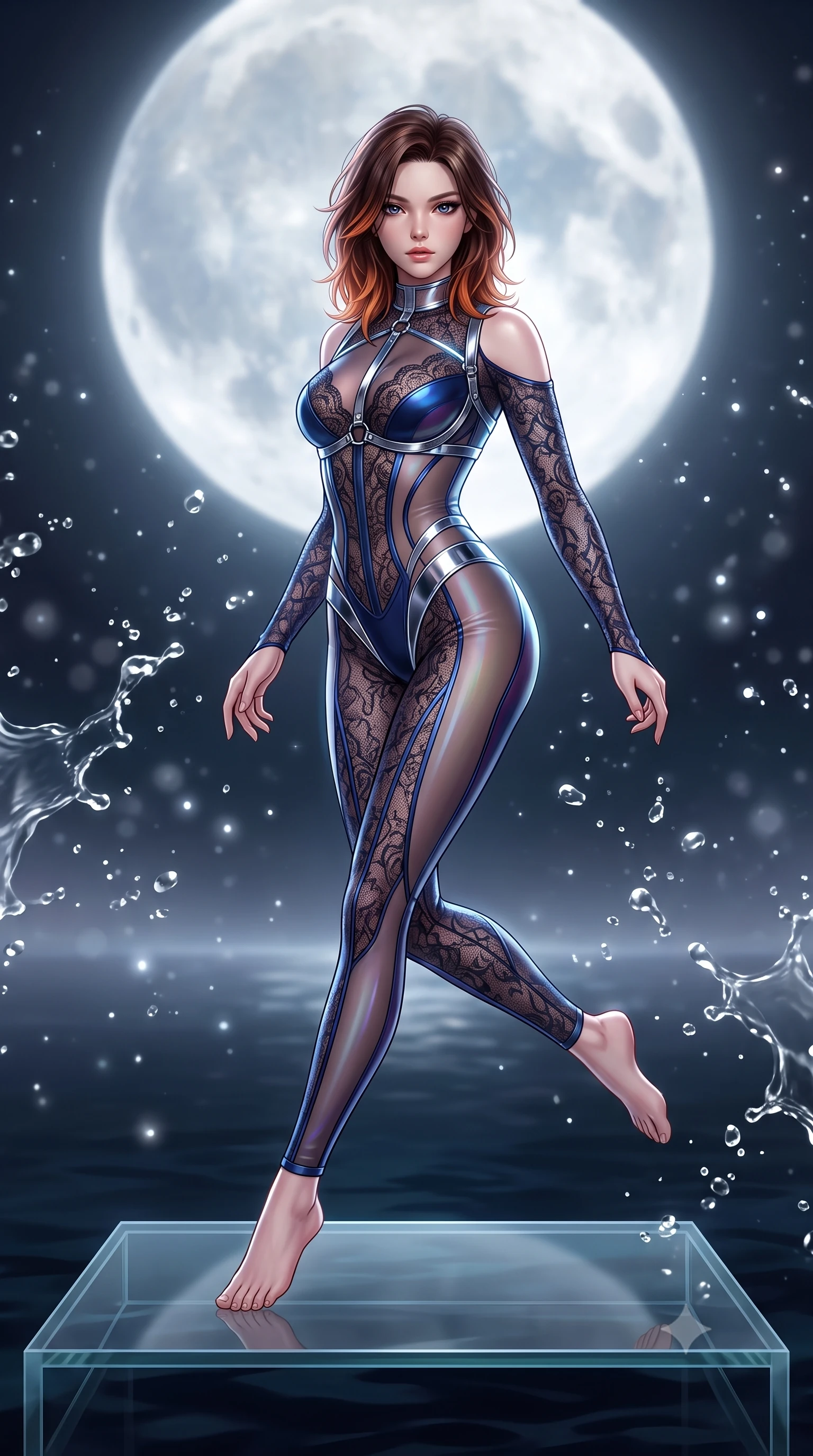 score_9, masterpiece, best quality, ultra-detailed, high-budget anime keyframe, semi-realistic 3D game render, editorial fashion photography, tasteful artistic composition, Korean woman. low angle full-body shot from head to toe showing her feet, filling the entire 9:16 vertical frame with her statuesque presence, stretching her vertical silhouette. performing an alluring mid-air vault with flawless poise, looking directly into the camera with smoldering intensity while stretching forward with an alluring S-curve silhouette on a glass platform beneath a giant glowing moon. The composition keeps background elements in soft focus with creamy bokeh. silver water caustics and stardust motes scattering soft glowing light across a dark backdrop. She has an absolutely perfect, statuesque 8.5-heads proportion, an exceptionally tall and slender model-like female figure with impossibly long slender legs, a toned flat midriff, and an ultra-slim waist. sharp v-shaped jawline, high-bridge nose, intricate jewel-like eyes with depth, thick eyelashes, glossy lips with a natural sheen, flawlessly proportioned anatomical accuracy, strict slender model proportions, natural body alignment, perfectly sculpted long slender limbs, ultra-slim waistline, clean dynamic posture without body distortion. wearing a sheer dark lace pattern bodysuit with structured corsetry boning, sheer contouring side panels, and detached lace sleeves in deep royal navy blue and specular chrome, made of smooth iridescent silk chiffon that shifts colors with movement, reinforced by a sleek metallic chrome harness and delicate glowing micro-straps, the liquid-tight tailored fabric emphasizing every curve of her tall, slender model proportions and sculptured silhouette during dynamic movement. illuminated by soft glowing starlight fill and crisp specular highlights tracing her slender curves. highly saturated vibrant anime colors, detailed shading with soft gradients, rich glossy textures, high-contrast stereoscopic depth, volumetric dynamic lighting, master piece, 9:16 ratio