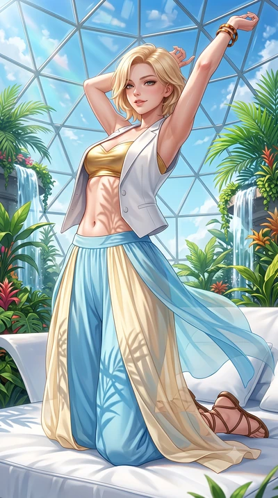 score_9, masterpiece, best quality, ultra-detailed, high-budget anime keyframe, semi-realistic 3D game render, editorial fashion photography, tasteful artistic composition, Caucasian woman. close-up cowboy shot from the waist and thighs up, the chara
