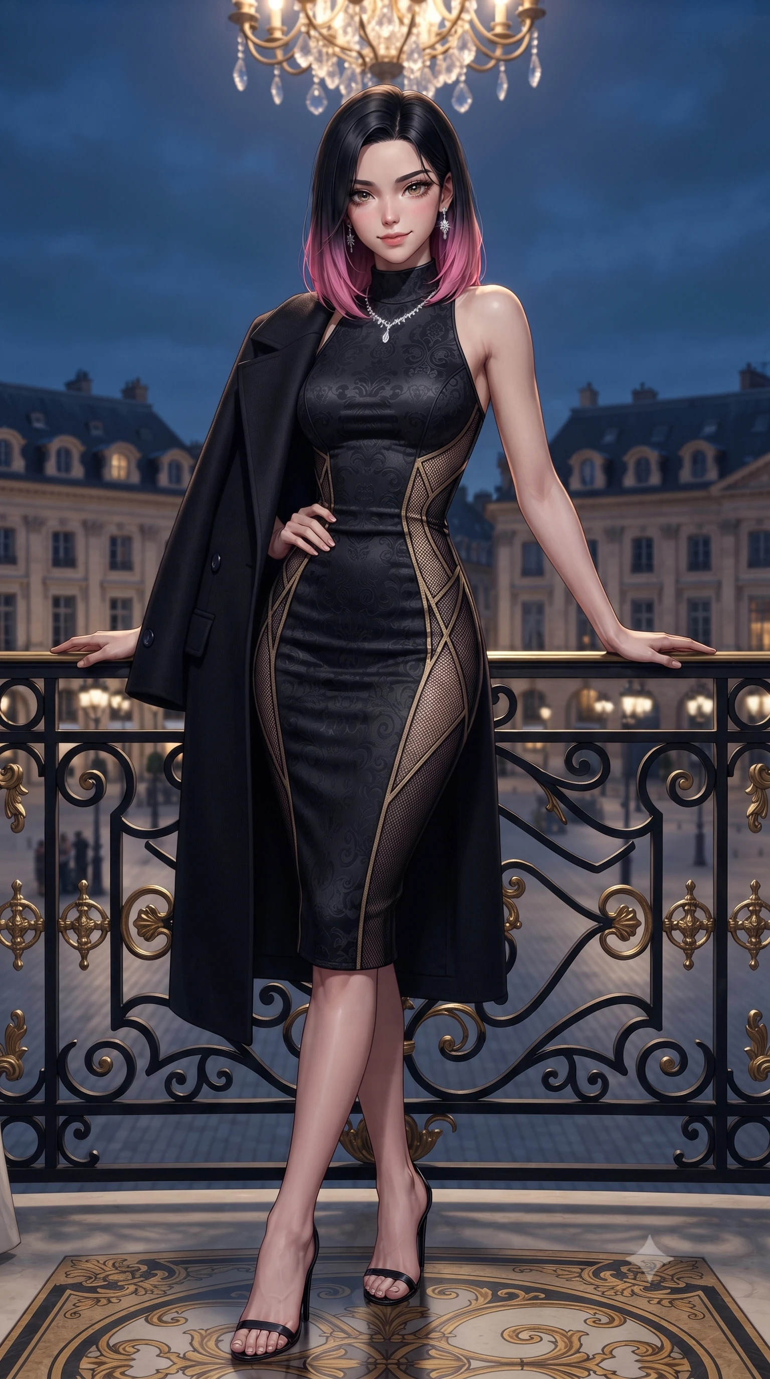 score_9, masterpiece, best quality, ultra-detailed, high-budget anime keyframe, editorial fashion photography, tasteful artistic composition, Korean woman. low angle full-body shot from head to toe showing her feet, filling the entire 9:16 vertical frame with her statuesque presence, stretching her vertical silhouette. pausing mid-stride beneath the grand chandelier with one hand resting on her narrow waist, her arched hips and statuesque 8.5-heads presence commanding the 9:16 vertical frame while resting both elbows on the ornate black-and-gold wrought-iron balustrade, arching her back in a high-fashion pose with a smoldering half-smile overlooking the illuminated square. The surrounding environment is rendered in vivid detail and crisp panoramic clarity. detailed evening dress weave, sparkling diamond jewelry facets, and Parisian neoclassical architecture in high clarity. She has an exceptionally tall and slender model-like 8.5-heads proportion, an ultra-slim waist, a flat toned midriff, narrow delicate ribcage, and beautifully sculpted feminine hips creating a graceful, slim hourglass silhouette without any bulky heaviness, with impossibly long slender legs. sharp v-shaped jawline, high-bridge nose, intricate jewel-like dark sparkling eyes with dangerous depth, thick curled eyelashes, glossy parted lips with a rich wine sheen, smoldering seductive half-smile with bedroom-eyes, exuding effortless superiority and intoxicating dark allure, flawlessly proportioned anatomical accuracy, strict slender model proportions, natural body alignment, perfectly sculpted long slender limbs, ultra-slim waistline, clean dynamic posture without body distortion. wearing a high-neck sleeveless bodycon dress in textured matte obsidian with side-torso semi-sheer mesh inserts in midnight jet-black and liquid champagne gold, tailored from rich silk jacquard with subtle embossed baroque patterns, complemented by an oversized dark cashmere coat draped casually over one shoulder, the glove-like silhouette tightly following the natural contour of her hips and long slender legs with youthful 8.5-heads elegance. bathed in soft interior suite golden chandelier spill and cool midnight Parisian sky ambient fill. ultra-reflective glossy finish, specular highlights, rich textural contrasts, high-contrast stereoscopic depth, volumetric dynamic lighting, 2k, ultra detail, master piece, 9:16 ratio