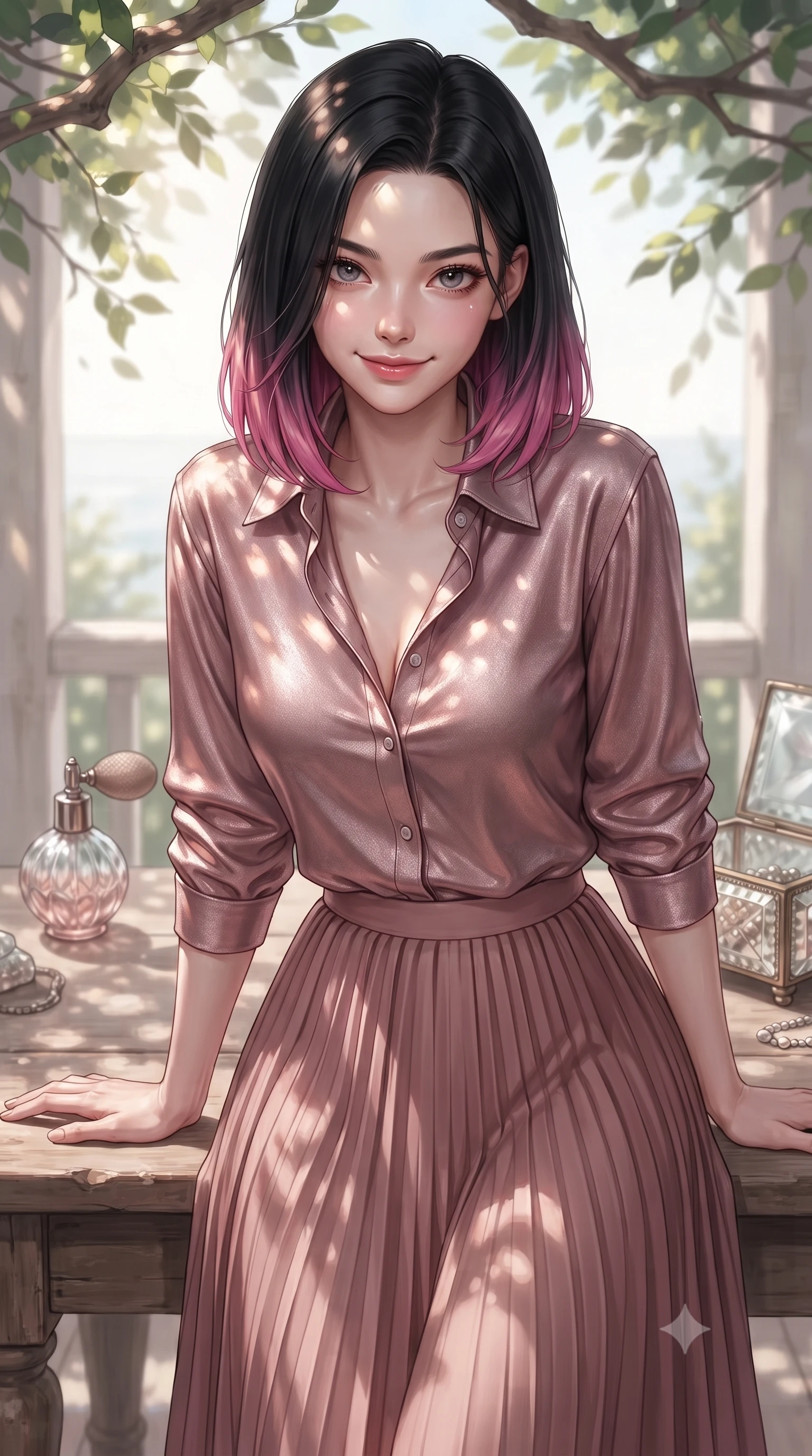score_9, masterpiece, best quality, ultra-detailed, high-budget anime keyframe, editorial fashion photography, tasteful artistic composition, Korean woman. close-up cowboy shot from the waist and thighs up, the character dominates the composition, filling the frame with her large presence, background elements kept in soft focus. leaning slightly forward over the table with a playful, magnetic smile that locks direct eye contact set against a soft-focus background of inside an exclusive coastal veranda with a vintage perfume atomizer and crystal jewelry box reflecting soft light. She has an exceptionally elegant, slender, and willowy female figure with an ultra-slim waist, a gracefully sculpted slender torso, and a refined silhouette. sharp v-shaped jawline, high-bridge nose, intricate jewel-like eyes with depth, thick eyelashes, glossy lips with a natural sheen. wearing form-contouring dusty rose metallic jersey casual linen button-down shirt paired with a flowy pleated midi skirt featuring refined tailored seams. highlighted by dappled sunlight filtering through leafy branches, creating soft organic patterns. ultra-reflective glossy finish, specular highlights, metallic sheen, high-contrast stereoscopic depth, volumetric dynamic lighting, 2k, ultra detail, master piece, 9:16 ratio