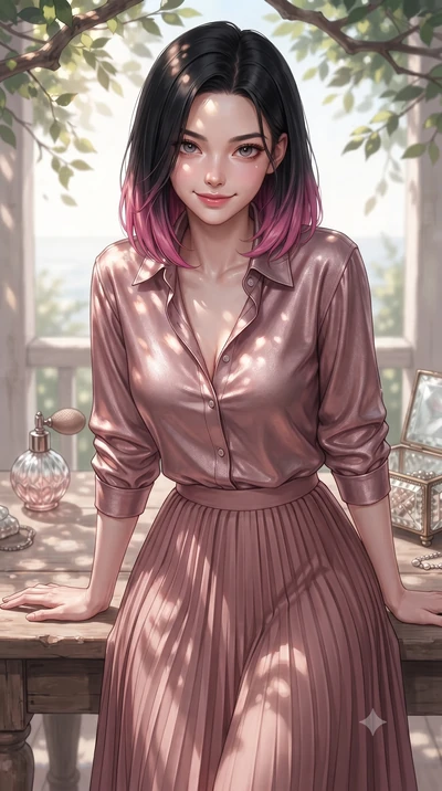 score_9, masterpiece, best quality, ultra-detailed, high-budget anime keyframe, editorial fashion photography, tasteful artistic composition, Korean woman. close-up cowboy shot from the waist and thighs up, the character dominates the composition, fi