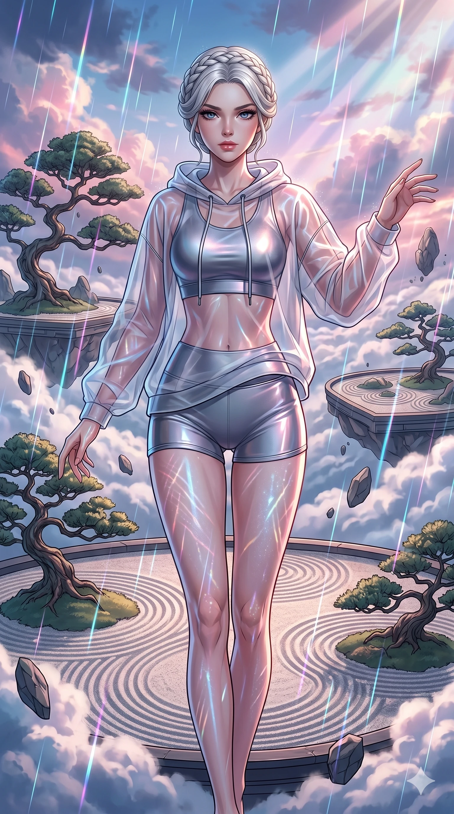 score_9, masterpiece, best quality, ultra-detailed, high-budget anime movie keyframe, cinematic anime lighting, intricate line art, Caucasian (strictly human ears) woman. Upper body filling screen focusing on her alluring features and slim-fit silhouette. navigating a sea of clouds in a floating zen garden with holographic rain. She has an absolutely perfect 8-heads proportion, an exceptionally tall and slender female figure with an ultra-slim waist and impossibly long slender legs. sharp v-shaped jawline, high-bridge nose, intricate jewel-like eyes, thick eyelashes, glossy lips. Wearing premium athleisure set with a metallic-finish compression top, high-cut yoga shorts that accentuate her long legs, and a sheer oversized hoodie. The scene is illuminated by dramatic atmospheric lighting and vibrant color palettes. , 2k, ultra detail, master piece, 9:16 ratio