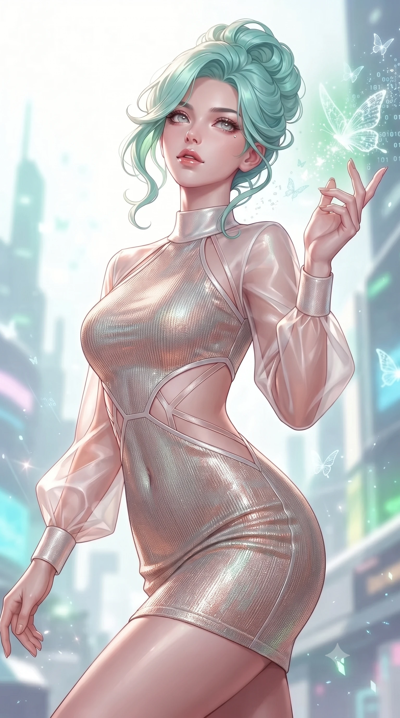 score_9, masterpiece, best quality, ultra-detailed, high-budget anime keyframe, editorial fashion photography, tasteful artistic composition, Japanese woman. close-up cowboy shot from the waist and thighs up, the character dominates the composition, filling the frame with her large presence, background elements kept in soft focus. Tilting her chin up with an air of effortless superiority while balancing dynamically amidst the scene while reaching her hand out to touch a floating holographic butterfly dispersing code sparks, glowing pollen particles and binary code butterflies drifting around her form. She has an exceptionally elegant, slender, and willowy female figure with an ultra-slim waist, a gracefully sculpted slender torso, and a refined silhouette. sharp v-shaped jawline, high-bridge nose, intricate jewel-like eyes with depth, thick eyelashes, glossy lips with a natural sheen, flawlessly proportioned anatomical accuracy, natural body alignment, perfectly sculpted elegant limbs, clean dynamic posture without body distortion. wearing a sleek bodycon knit dress with strategic sheer organza sleeve panels in pearl white and rose gold, woven from fine semi-opaque sheer organza, featuring subtle geometric cutouts that highlight her ultra-slim midriff, the elegant draped fit framing her graceful clavicle and slender torso. surrounded by a bright, airy ambiance with radiant white and green highlights. ultra-reflective glossy finish, specular highlights, metallic sheen, high-contrast stereoscopic depth, volumetric dynamic lighting, 2k, ultra detail, master piece, 9:16 ratio