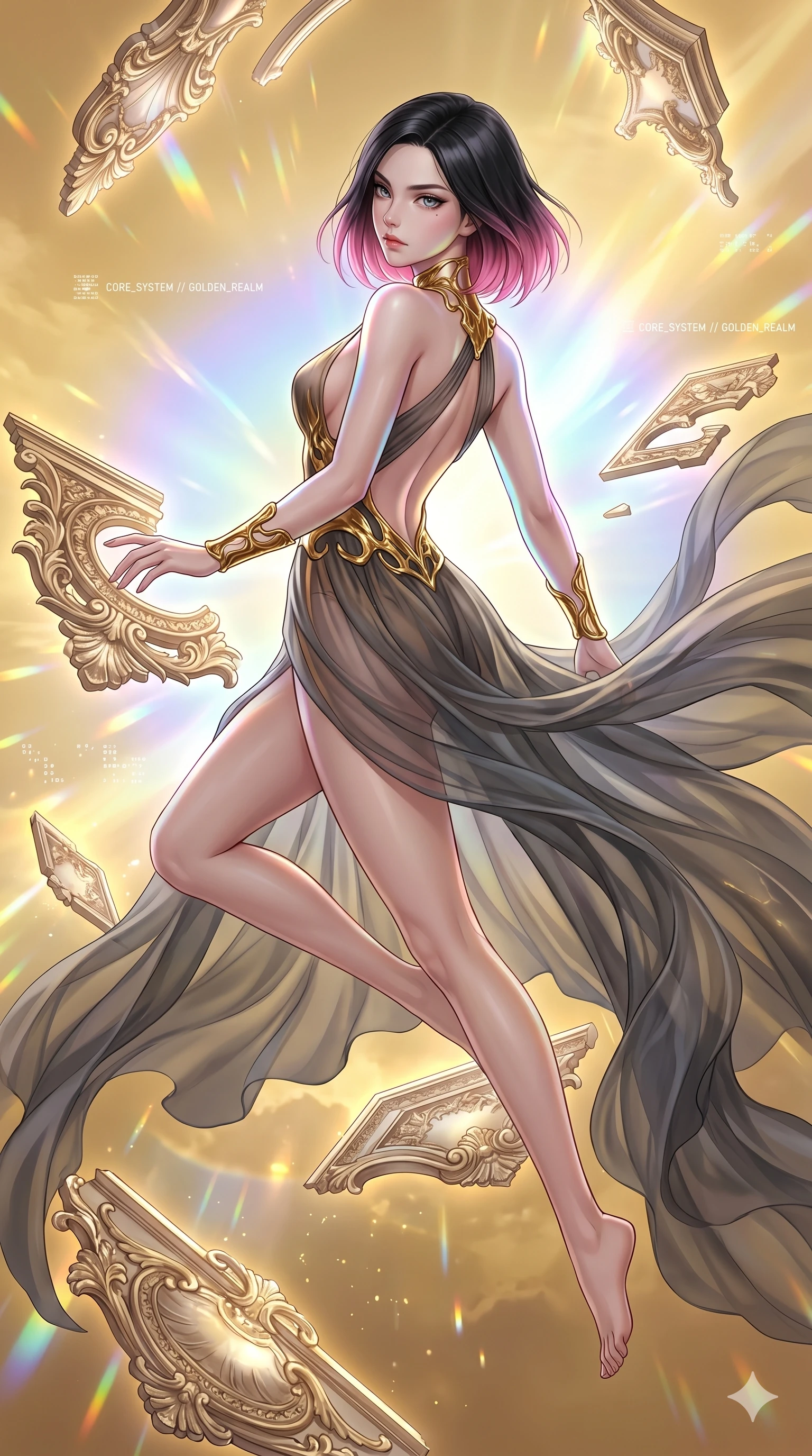 score_9, masterpiece, best quality, ultra-detailed, high-budget anime keyframe, Korean woman. upper body close-up from the thighs up, character filling the screen for maximum presence. propelling herself off digital baroque ceiling fresco shards that float and reassemble in a golden sky. She has an absolutely perfect 8-heads proportion, an exceptionally tall and slender female figure with impossibly long slender legs and an ultra-slim waist. V-shaped jawline, high-bridge nose, intricate jewel-like eyes with depth, thick eyelashes, glossy lips with a natural sheen.. wearing a molten gold and chiffon gown, featuring organic liquid gold collar and cuffs on a translucent charcoal-gray halter neck chiffon gown with a deep backless design. enhanced by a luminous pastel spectrum glow, casting elegant rim lights on her shoulders and jawline. 2k, ultra detail, master piece, 9:16 ratio