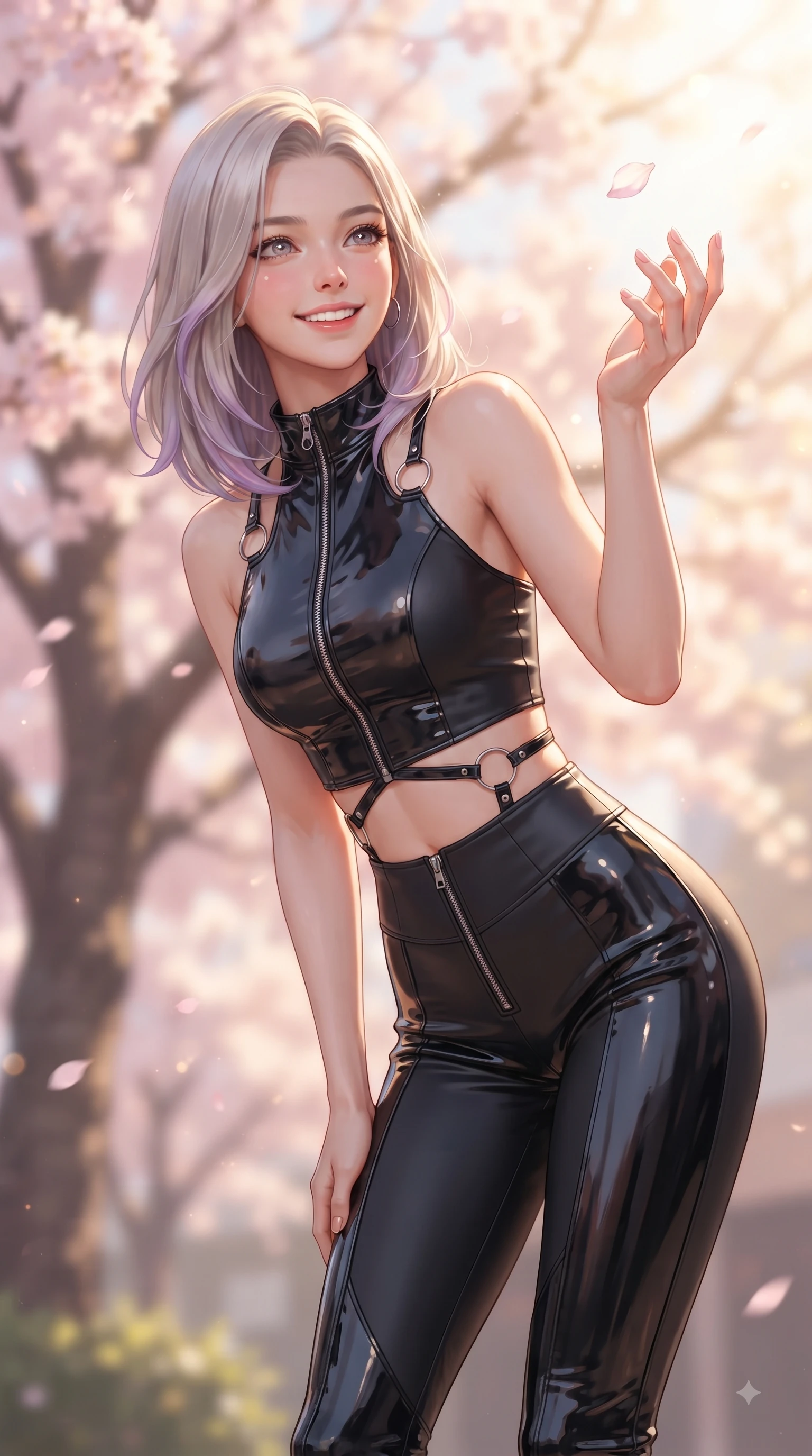 score_9, masterpiece, best quality, ultra-detailed, high-budget anime keyframe, editorial fashion photography, tasteful artistic composition, Caucasian woman. close-up cowboy shot from the waist and thighs up, the character dominates the composition, filling the frame with her large presence, background elements kept in soft focus. Cheerful beaming smile with sparkling eyes and a fresh girlhood aura, leaning forward with playful grace while reaching her hand up playfully to catch a floating cherry blossom petal in mid-air, bright spring sunbeams illuminating the scene in soft pastel pink and gold tones. She has an exceptionally elegant, slender, and willowy female figure with an ultra-slim waist, a gracefully sculpted slender torso, and a refined silhouette. sharp v-shaped jawline, high-bridge nose, intricate jewel-like eyes with depth, thick eyelashes, glossy lips with a natural sheen, flawlessly proportioned anatomical accuracy, natural body alignment, perfectly sculpted elegant limbs, clean dynamic posture without body distortion. wearing a glossy vinyl crop top and high-waist tailored leggings with sleek zippers in matte black and polished silver, tailored from high-gloss patent leather, accented with delicate chrome ring hardware framing her waist, the elegant draped fit framing her graceful clavicle and slender torso. bathed in bright morning sunbeams and warm golden sakura backlighting. ultra-reflective glossy finish, specular highlights, metallic sheen, high-contrast stereoscopic depth, volumetric dynamic lighting, 2k, ultra detail, master piece, 9:16 ratio