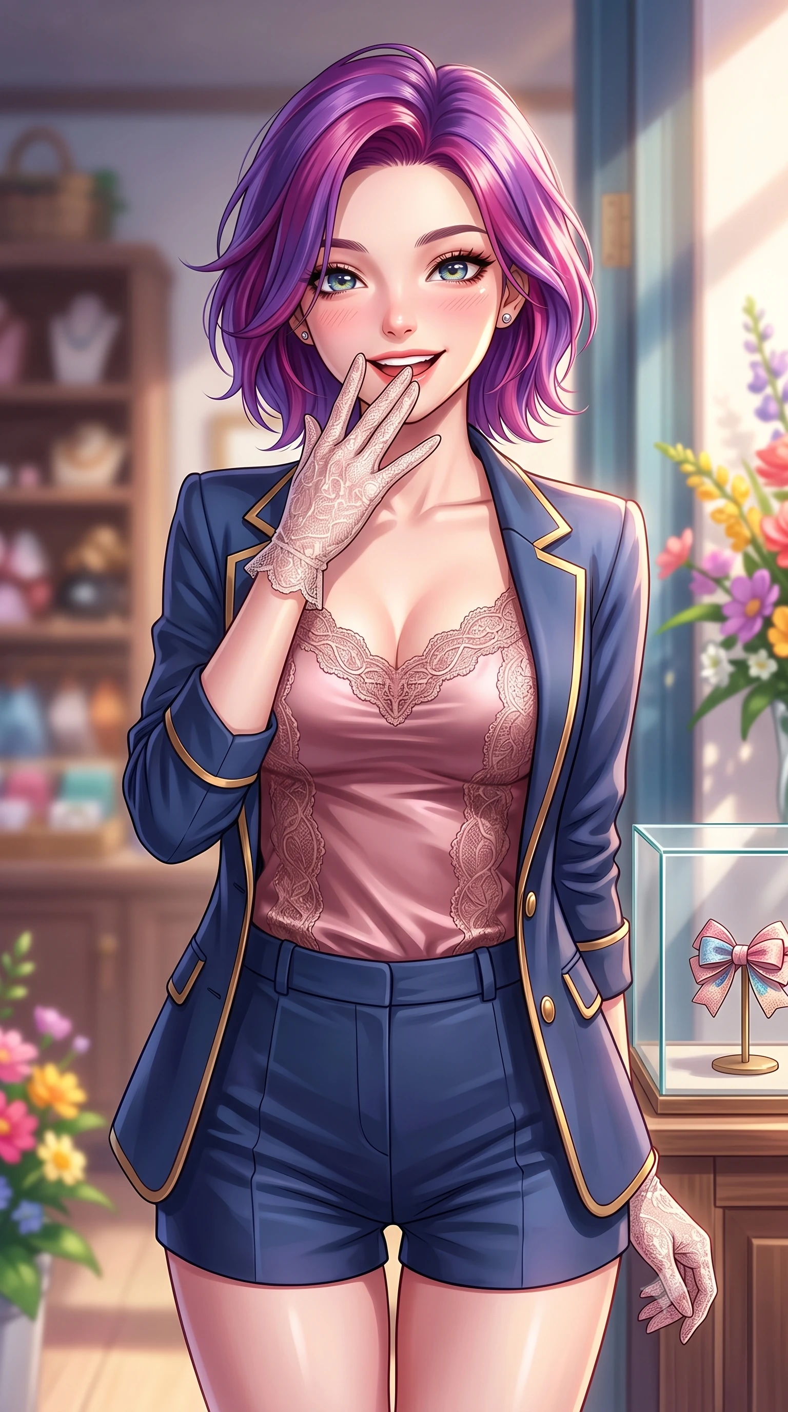 score_9, masterpiece, best quality, ultra-detailed, high-budget anime keyframe, editorial fashion photography, tasteful artistic composition, Caucasian woman. close-up cowboy shot from the waist and thighs up, the character dominates the composition, filling the frame with her large presence, background elements kept in soft focus. giggling cutely behind her hand, her eyes sparkling with joy and bright energy set against a soft-focus background of in front of a small handmade accessory boutique with glass showcases holding a cute handmade ribbon hair clip, looking at the camera. She has an exceptionally elegant, slender, and willowy female figure with an ultra-slim waist, a gracefully sculpted slender torso, and a refined silhouette. sharp v-shaped jawline, high-bridge nose, intricate jewel-like eyes with depth, thick eyelashes, glossy lips with a natural sheen. wearing body-hugging delicate silk camisole with lace panels and a tailored blazer worn open over form-contouring shorts. soft morning sunbeams highlighting the colorful flowers and her face. highly saturated vibrant anime colors, detailed shading with soft gradients, rich glossy textures, high-contrast stereoscopic depth, volumetric dynamic lighting, master piece, 9:16 ratio