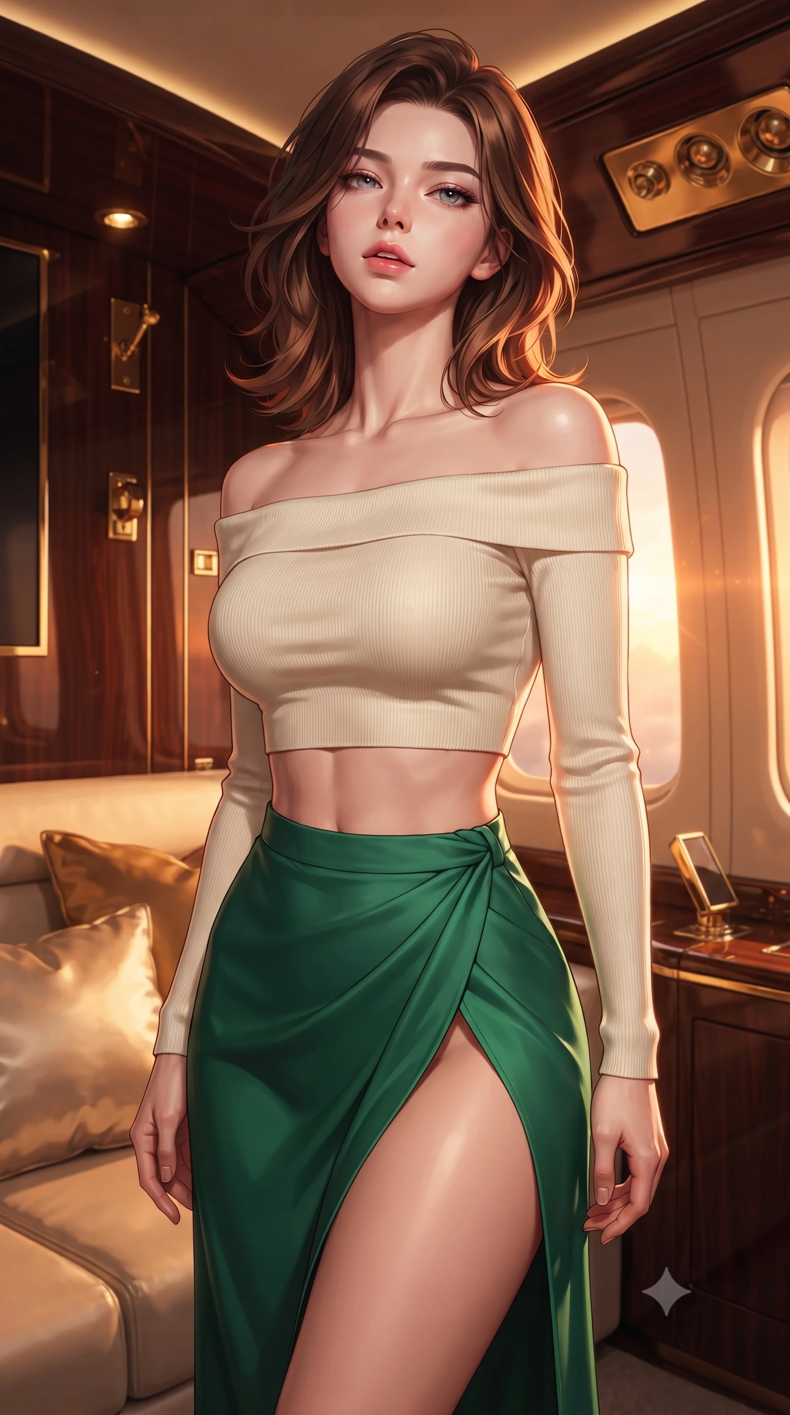 score_9, masterpiece, best quality, ultra-detailed, high-budget anime keyframe, editorial fashion photography, tasteful artistic composition, Korean woman. close-up cowboy shot from the waist and thighs up, the character dominates the composition, filling the frame with her large presence, background elements kept in soft focus. tilting her chin up slightly with lips parted in a composed, provocative expression the background shows a soft-focus a luxury helicopter cabin with wood panels, gold fixtures, and silk pillows. She has an exceptionally elegant, slender, and willowy female figure with an ultra-slim waist, a gracefully sculpted slender torso, and a refined silhouette. sharp v-shaped jawline, high-bridge nose, intricate jewel-like eyes with depth, thick eyelashes, glossy lips with a natural sheen. wearing a form-contouring cropped off-shoulder knit top in cream paired with a high-slit wrap skirt in emerald green. warm sunset light filtering through the window, painting the cabin in orange. ultra-reflective glossy finish, specular highlights, metallic sheen, high-contrast stereoscopic depth, volumetric dynamic lighting, 2k, ultra detail, master piece, 9:16 ratio