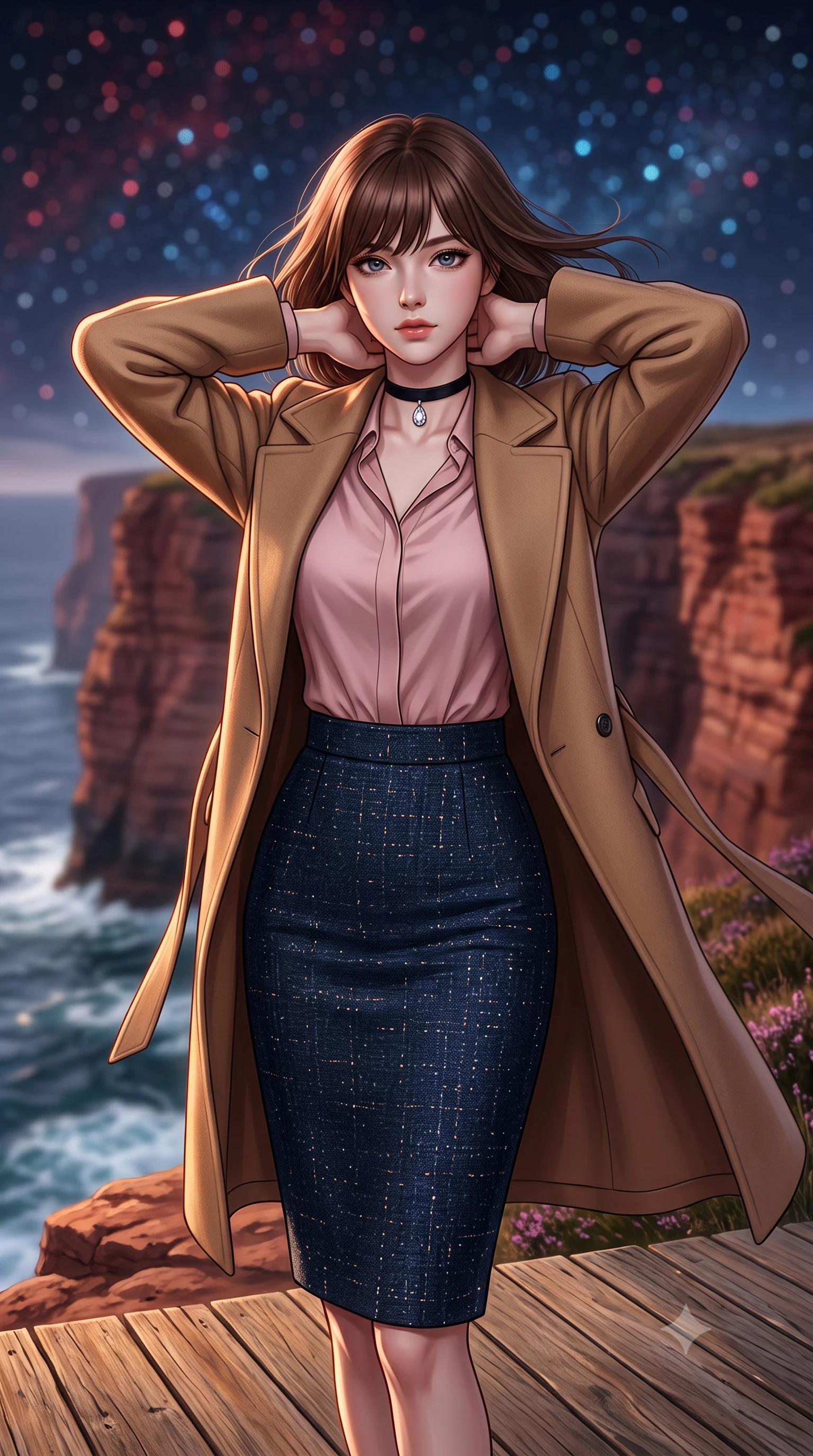 score_9, masterpiece, best quality, ultra-detailed, high-budget anime keyframe, semi-realistic 3D game render, editorial fashion photography, tasteful artistic composition, Korean woman. close-up cowboy shot from the waist and thighs up, the character dominates the composition, filling the frame with her large presence. resting both hands lightly behind her neck with elbows raised, arching her spine to highlight her narrow waist, flat midriff, and breathtaking collarbones while standing poised on the weathered teak deck at the edge of the wild red sandstone cliff, arching her spine with high-fashion ease as nocturnal ocean winds whip her gown. The background shows a soft-focus towering sea cliffs of red sandstone plunging into foaming Atlantic waters, wild coastal heather moorland, and starry sky blurred into crimson, sapphire, and diamond bokeh. She has an exceptionally elegant, slender, and willowy female figure with an ultra-slim waist, flat toned midriff, narrow ribcage, and sculpted feminine hips creating an alluring, slim hourglass silhouette without bulk. sharp v-shaped jawline, high-bridge nose, intricate jewel-like sparkling eyes with depth, thick eyelashes, glossy parted lips with a natural peach sheen, bright cheerful beaming smile with an enchanting and coquettish sensual glint, exuding both youthful cute charm and seductive allure, flawlessly proportioned anatomical accuracy, strict slender model proportions, natural body alignment, perfectly sculpted long slender limbs, ultra-slim waistline, clean dynamic posture without body distortion. wearing a structured double-faced camel hair wrap coat draped over a tailored silk blouse and pencil skirt in Brittany pink granite rose and deep Atlantic navy, woven from structured British tweed with subtle metallic flecks, finished with a thin velvet ribbon choker and a single teardrop diamond pendant, the bespoke structured tailoring following the natural line of her 8.5-heads silhouette with refined elegance. illuminated by deck wood reflection bounce and sharp copper-gold rim lights sculpting her jawline, narrow waist, and curvy hips. highly saturated vibrant anime colors, detailed shading with soft gradients, rich glossy textures, high-contrast stereoscopic depth, volumetric dynamic lighting, master piece, 9:16 ratio