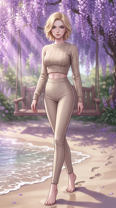 score_9, masterpiece, best quality, ultra-detailed, high-budget anime keyframe, editorial fashion photography, tasteful artistic composition, Caucasian woman woman. low angle full-body shot from head to toe showing her feet, filling the entire 9:16 v