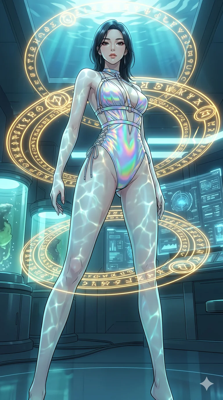 score_9, masterpiece, best quality, ultra-detailed, High-budget Anime Keyframe, vibrant colors, fluid line-art, expressive lighting, cinematic composition, Ufotable-style visual effects, top-tier animation quality, Korean woman with idol-like refined features. Wide-angle low shot emphasizing her impossibly long slender legs and commanding stature. Performing a high-speed mystical ritual in a temple of pure light, her body surrounded by orbiting golden runes and symbols. She has an absolutely perfect 8-heads proportion, an exceptionally tall and slender female figure with impossibly long slender legs and an ultra-slim waist, her statuesque height and towering silhouette dominating the vertical 9:16 frame. Her face is a masterpiece featuring a sharp v-shaped jawline, high-bridge nose, intricate jewel-like eyes with depth, thick eyelashes, and glossy lips with a natural sheen. She is wearing a Micro-bodysuit with a complex integrated harness system and high-cut leg lines crafted from Holographic chiffon that changes color with every movement, creating a rainbow effect, featuring a deep plunging neckline and delicate lace-up side details. The scene is set in a high-tech research laboratory with glowing glass tanks and complex holographic interfaces, illuminated by underwater caustic lighting with ripples of light dancing across her body. 2k, ultra detail, master piece, 9:16 ratio