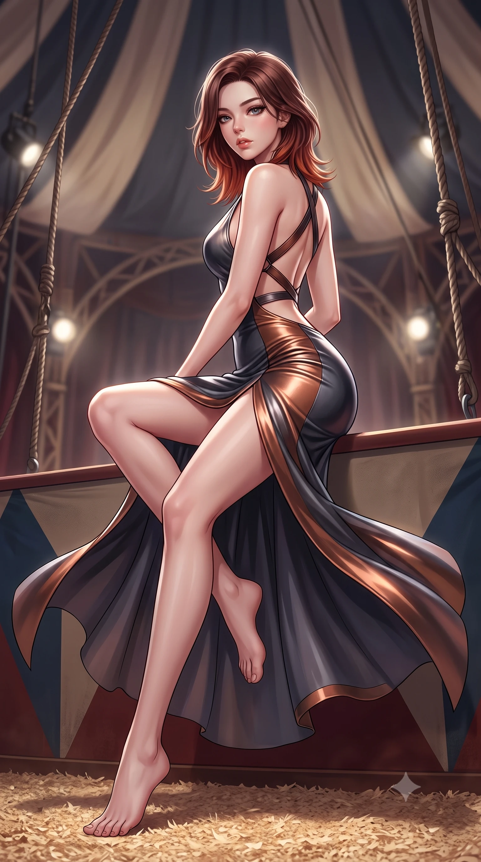 score_9, masterpiece, best quality, ultra-detailed, high-budget anime keyframe, semi-realistic 3D game render, editorial fashion photography, tasteful artistic composition, Korean woman. low angle full-body shot from head to toe showing her feet, filling the entire 9:16 vertical frame with her statuesque presence, stretching her vertical silhouette. sitting perched on the elevated edge with hips angled toward the camera and legs crossed, displaying her toned midriff and flawlessly sculpted slender limbs while pivoting dynamically on the sawdust arena floor, her tailored garments fluttering to accentuate her statuesque hips and long slender legs. The composition keeps background elements in soft focus with creamy bokeh. looming circus tent canvas arches and velvet rigging ropes softened in theatrical shallow focus. She has an absolutely perfect, statuesque 8.5-heads proportion, an exceptionally tall and slender model-like female figure with impossibly long slender legs, a toned flat midriff, an ultra-slim waist, and beautifully sculpted feminine hips. sharp v-shaped jawline, high-bridge nose, intricate jewel-like eyes with depth, thick eyelashes, glossy parted lips with a natural sheen, intensely captivating and seductive bedroom-eyes expression, flawlessly proportioned anatomical accuracy, strict slender model proportions, natural body alignment, perfectly sculpted long slender limbs, ultra-slim waistline, clean dynamic posture without body distortion. wearing a liquid silk jersey halter gown with an open scooped back descending to her waist and high hip slit in dark smoky charcoal and metallic copper, tailored from second-skin aerodynamic stretch vinyl with specular sheen, accented with criss-cross back harness straps in dark leather framing her bare spine, the glove-like aerodynamic silhouette tightly following the natural contour of her hips and long slender legs with statuesque precision. illuminated by crisp directional rim lighting sharply carving her razor-sharp jawline, narrow waist, and curvy hips. highly saturated vibrant anime colors, detailed shading with soft gradients, rich glossy textures, high-contrast stereoscopic depth, volumetric dynamic lighting, master piece, 9:16 ratio
