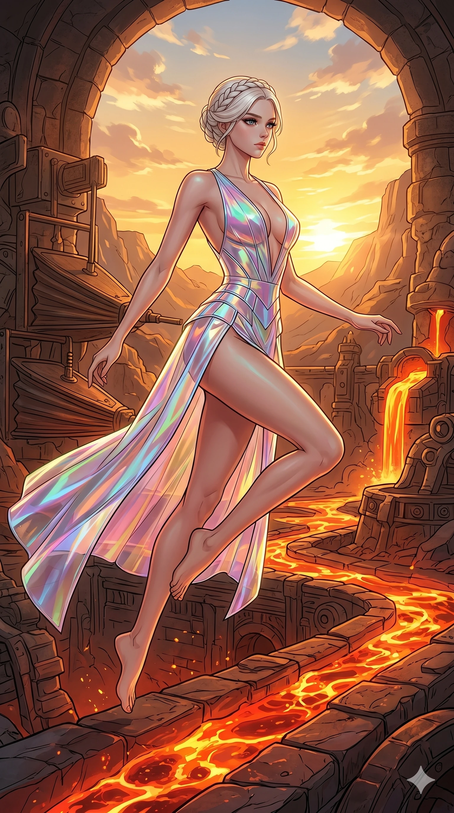 score_9, masterpiece, best quality, ultra-detailed, high-budget anime movie keyframe, cinematic anime lighting, intricate line art, Korean woman. Low angle cowboy shot filling the entire 9:16 frame with her statuesque presence. leaping gracefully in a volcanic lava forge during a golden sunset. She has an absolutely perfect 8-heads proportion, an exceptionally tall and slender female figure with an ultra-slim waist and impossibly long slender legs. sharp v-shaped jawline, high-bridge nose, intricate jewel-like eyes, thick eyelashes, glossy lips. Wearing avant-garde high-fashion gown made of iridescent vinyl with a dangerously high side slit and a plunging neckline, revealing an ultra-slim waist and long slender legs. The scene is illuminated by dramatic atmospheric lighting and vibrant color palettes. , 2k, ultra detail, master piece, 9:16 ratio