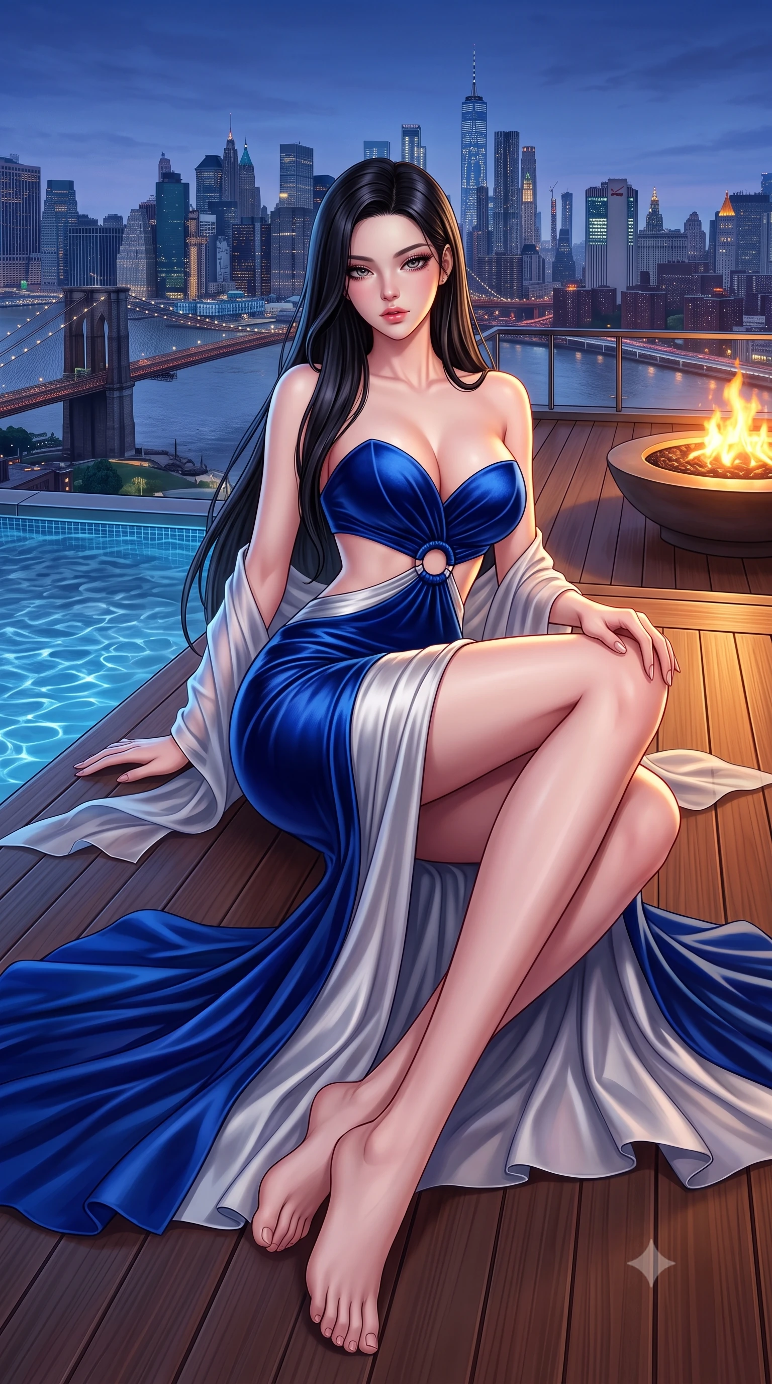 score_9, masterpiece, best quality, ultra-detailed, high-budget anime keyframe, semi-realistic 3D game render, editorial fashion photography, tasteful artistic composition, Korean woman. low angle full-body shot from head to toe showing her feet, filling the entire 9:16 vertical frame with her statuesque presence, stretching her vertical silhouette. reclining on her side in an elegant Cleopatra pose with one knee drawn up, the dramatic contour of her rounded hips and long slender legs commanding the 9:16 vertical frame while pivoting gracefully on the polished balcony deck with hips shifted in a pronounced contrapposto stance, parted glossy lips reflecting city neon. The surrounding environment is rendered in vivid detail and crisp panoramic clarity. detailed skyscraper skyline panoramas, distant suspension bridges, and pool water ripples in high resolution. She has an absolutely perfect, statuesque 8.5-heads proportion, an exceptionally tall and slender model-like female figure with impossibly long slender legs, a toned flat midriff, an ultra-slim waist, and beautifully sculpted feminine hips. sharp v-shaped jawline, high-bridge nose, intricate jewel-like eyes with depth, thick eyelashes, glossy parted lips with a natural sheen, intensely captivating and seductive bedroom-eyes expression, flawlessly proportioned anatomical accuracy, strict slender model proportions, natural body alignment, perfectly sculpted long slender limbs, ultra-slim waistline, clean dynamic posture without body distortion. wearing a sculptured strapless velvet evening gown with an open-waist ring cutout and body-hugging mermaid silhouette in royal sapphire blue and brushed platinum, tailored from ultra-smooth duchess satin with a pearlescent sheen, finished with a gossamer silk shawl draped loosely over her elbows, the form-contouring material adhering flawlessly to her sculpted flat midriff and slender torso, emphasizing her long leg lines and perfectly proportioned willowy build. bathed in twilight indigo sky tones and warm amber rooftop fire pit glow. highly saturated vibrant anime colors, detailed shading with soft gradients, rich glossy textures, high-contrast stereoscopic depth, volumetric dynamic lighting, master piece, 9:16 ratio