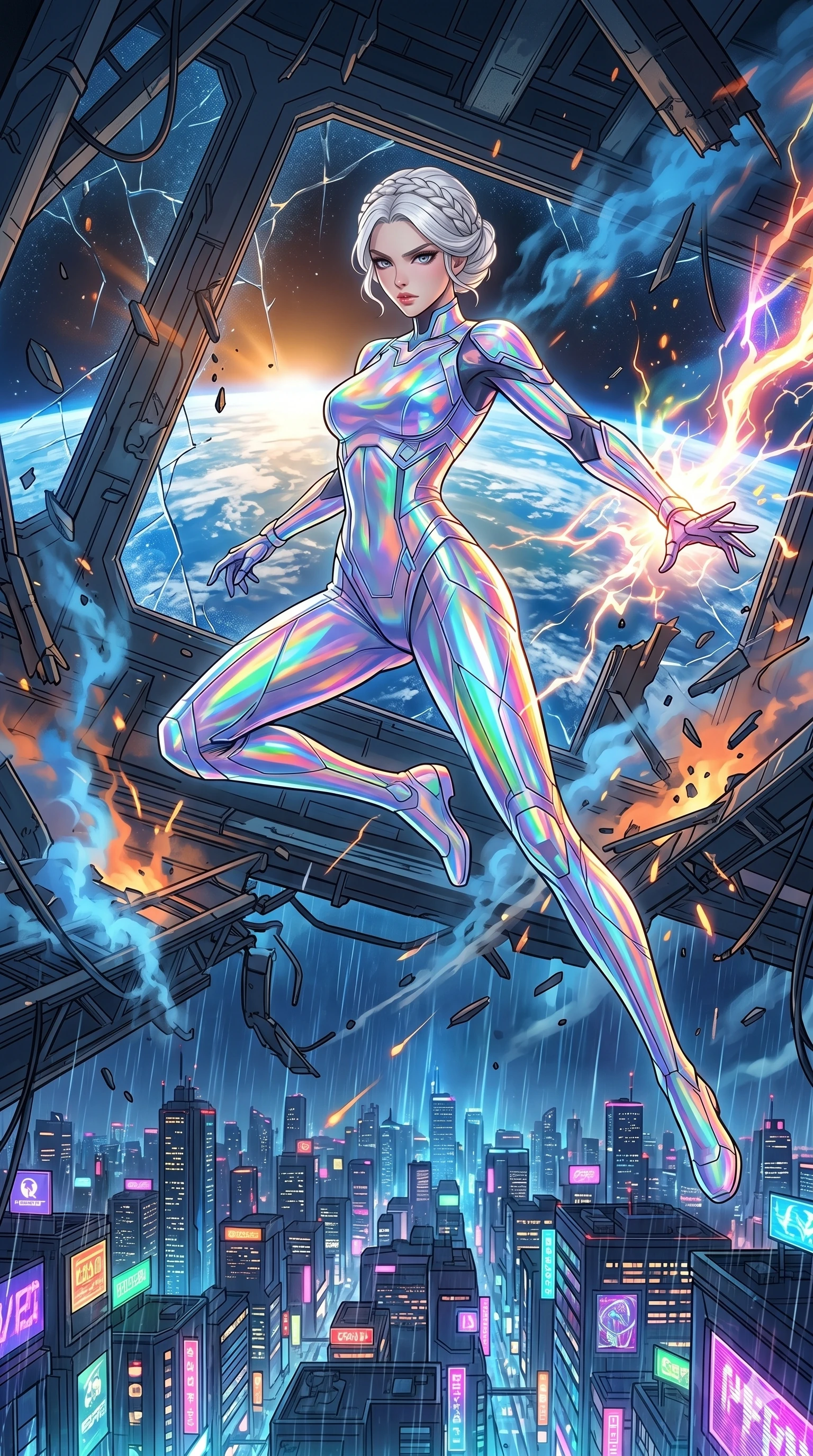 score_9, masterpiece, best quality, ultra-detailed, High-budget Anime Keyframe, vibrant colors, fluid line-art, expressive lighting, cinematic composition, Ufotable-style visual effects, top-tier animation quality, Caucasian woman with pale skin, blonde hair, and (strictly human ears). Dynamic full-body shot stretching the vertical silhouette, capturing her from a powerful low-angle perspective. Escaping a crumbling orbital space station amidst falling debris and venting atmosphere, the earth visible as a beautiful blue marble below. She has an absolutely perfect 8-heads proportion, an exceptionally tall and slender female figure with impossibly long slender legs and an ultra-slim waist, her statuesque height and towering silhouette dominating the vertical 9:16 frame. Her face is a masterpiece featuring a sharp v-shaped jawline, high-bridge nose, intricate jewel-like eyes with depth, thick eyelashes, and glossy lips with a natural sheen. She is wearing a Futuristic pilot suit with an exposed midriff and a high-cut structural frame crafted from Holographic chiffon that changes color with every movement, creating a rainbow effect, featuring a crystalline structure that catches the light and reveals her slender frame. The scene is set in a sprawling cyberpunk metropolis in heavy rain with vibrant neon glows reflecting on every surface, illuminated by intense energy flares from her powers illuminating the scene with brilliant light. 2k, ultra detail, master piece, 9:16 ratio