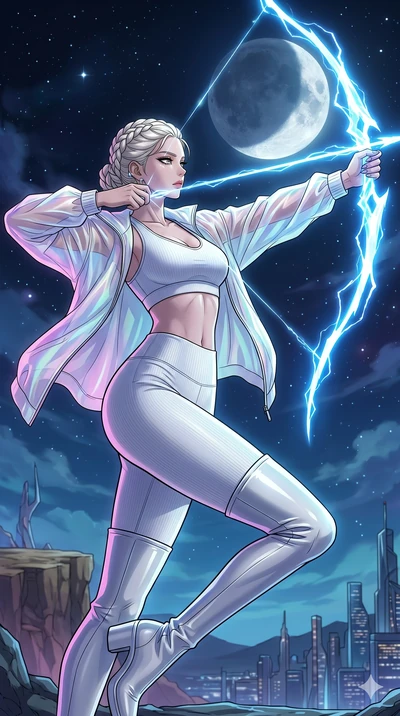 score_9, masterpiece, best quality, ultra-detailed, high-budget anime movie keyframe, cinematic anime lighting, intricate line art, Korean woman. Low angle cowboy shot capturing a powerful motion and statuesque presence. drawing a bow made of pure en