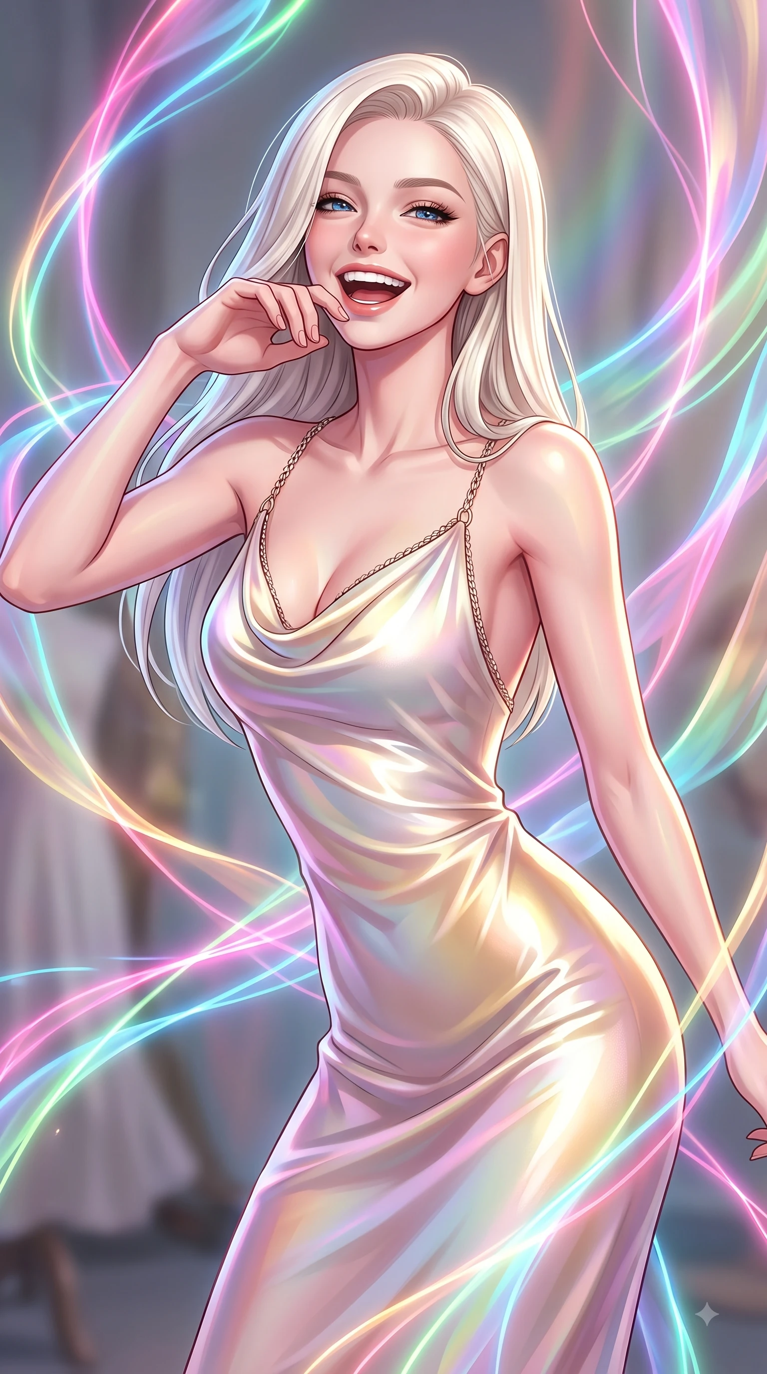 score_9, masterpiece, best quality, ultra-detailed, high-budget anime keyframe, editorial fashion photography, tasteful artistic composition, Caucasian woman. close-up cowboy shot from the waist and thighs up, the character dominates the composition, filling the frame with her large presence, background elements kept in soft focus. Joyful laughing expression filled with genuine happiness and warmth, leaning forward with cheerful energy while pivoting her torso in a dynamic S-curve alignment as light threads pulse with happiness, translucent silk ribbons swirling around her figure like bright streams. She has an exceptionally elegant, slender, and willowy female figure with an ultra-slim waist, a gracefully sculpted slender torso, and a refined silhouette. sharp v-shaped jawline, high-bridge nose, intricate jewel-like eyes with depth, thick eyelashes, glossy lips with a natural sheen, flawlessly proportioned anatomical accuracy, natural body alignment, perfectly sculpted elegant limbs, clean dynamic posture without body distortion. wearing an elegant cowl-neck satin midi dress with a graceful draped neckline in pearl white and rose gold, crafted from iridescent chiffon that shifts colors in the light, adorned with delicate metallic chain straps along the neckline, the elegant draped fit framing her graceful clavicle and slender torso. illuminated by the brilliant glow of rainbow luminescent plasma threads. highly saturated vibrant anime colors, detailed shading with soft gradients, rich glossy textures, high-contrast stereoscopic depth, volumetric dynamic lighting, master piece, 9:16 ratio