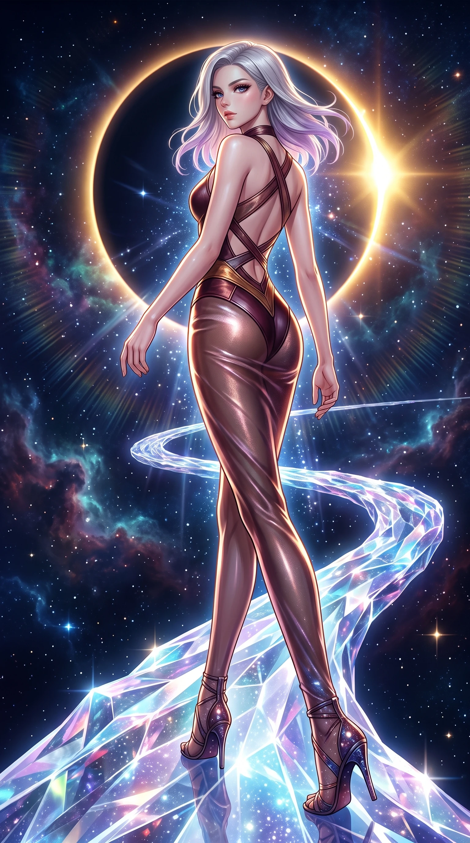 score_9, masterpiece, best quality, ultra-detailed, high-budget anime keyframe, editorial fashion photography, tasteful artistic composition, Caucasian woman. low angle full-body shot from head to toe showing her feet, filling the entire 9:16 vertical frame with her statuesque presence, stretching her vertical silhouette. forging dynamically through the scene, her vertical silhouette beautifully stretched stepping along a crystalline cosmic bridge in deep space, a cosmic eclipse casting brilliant golden rim highlights. She has an absolutely perfect, statuesque 8.5-heads proportion, an exceptionally tall and slender model-like female figure with impossibly long slender legs and an ultra-slim waist. sharp v-shaped jawline, high-bridge nose, intricate jewel-like eyes with depth, thick eyelashes, glossy lips with a natural sheen. wearing a semi-opaque sheer overlay dress over a leather micro-bodysuit in deep burgundy and bronze, made of premium stretch velvet with a rich sheen, complemented by criss-cross back straps highlighting her bare shoulders, the glove-like fit emphasizing her statuesque silhouette. surrounded by a glowing aura of starlight and shimmering celestial rays. highly saturated vibrant anime colors, detailed shading with soft gradients, rich glossy textures, high-contrast stereoscopic depth, volumetric dynamic lighting, master piece, 9:16 ratio