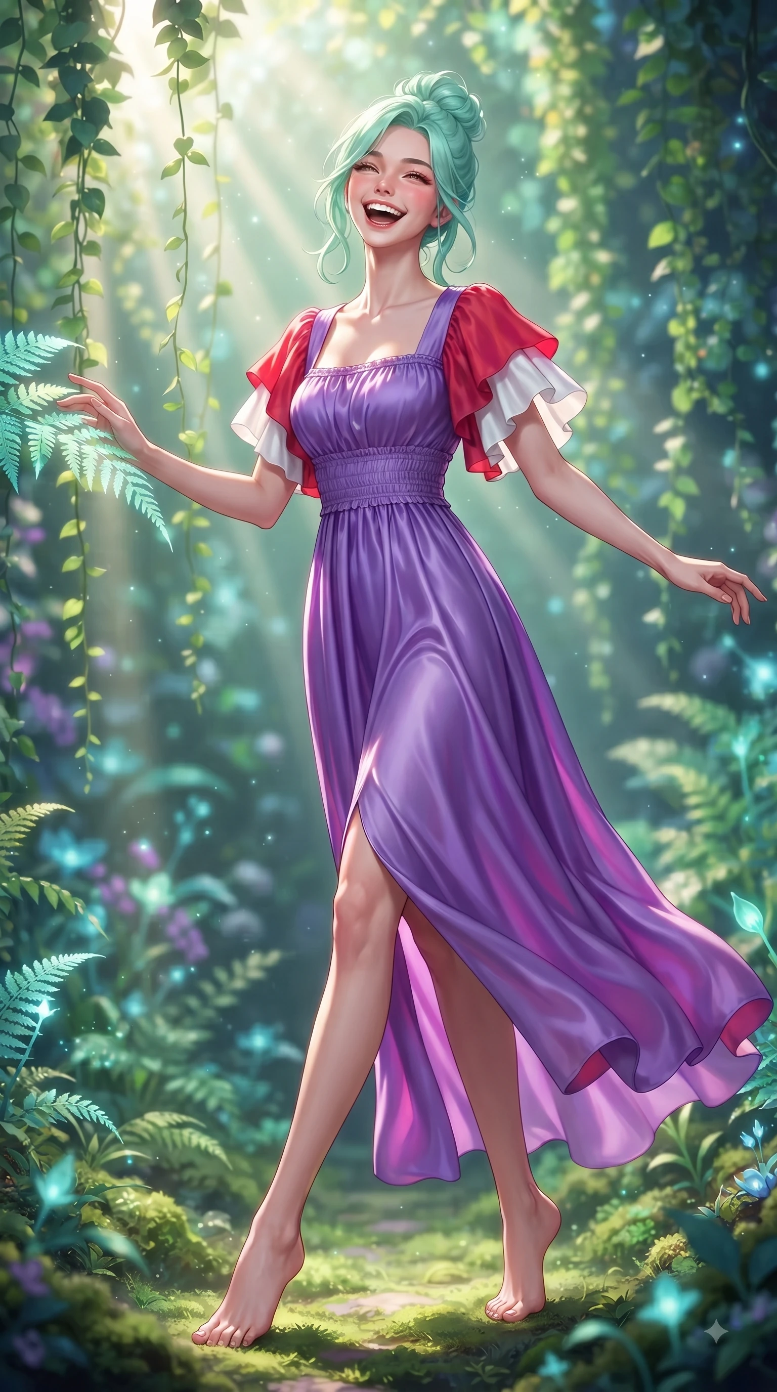 score_9, masterpiece, best quality, ultra-detailed, high-budget anime keyframe, editorial fashion photography, tasteful artistic composition, Japanese woman. low angle full-body shot from head to toe showing her feet, filling the entire 9:16 vertical frame with her statuesque presence, stretching her vertical silhouette. Ecstatic joyful laughter with eyes crinkling in pure delight and vibrant energy filling her dynamic posture while reaching out elegantly to touch a bioluminescent fern leaf under streaming sunbeams. The composition keeps background elements in soft focus with dreamy bokeh. cascading botanical vines creating a soft, organic blurred background depth. She has an absolutely perfect, statuesque 8.5-heads proportion, an exceptionally tall and slender model-like female figure with impossibly long slender legs and an ultra-slim waist. sharp v-shaped jawline, high-bridge nose, intricate jewel-like eyes with depth, thick eyelashes, glossy lips with a natural sheen, flawlessly proportioned anatomical accuracy, natural body alignment, perfectly sculpted elegant limbs, clean dynamic posture without body distortion. wearing a vivid violet chiffon gown with delicate smocked details and flutter sleeves in vibrant crimson red and crisp snow white, crafted from smooth liquid silk satin, featuring elegant flutter sleeves and a graceful square neckline, the tailored fit highlighting her statuesque and model-like silhouette. surrounded by a lush, vibrant, and enchanting garden editorial ambiance. ultra-reflective glossy finish, specular highlights, metallic sheen, high-contrast stereoscopic depth, volumetric dynamic lighting, 2k, ultra detail, master piece, 9:16 ratio