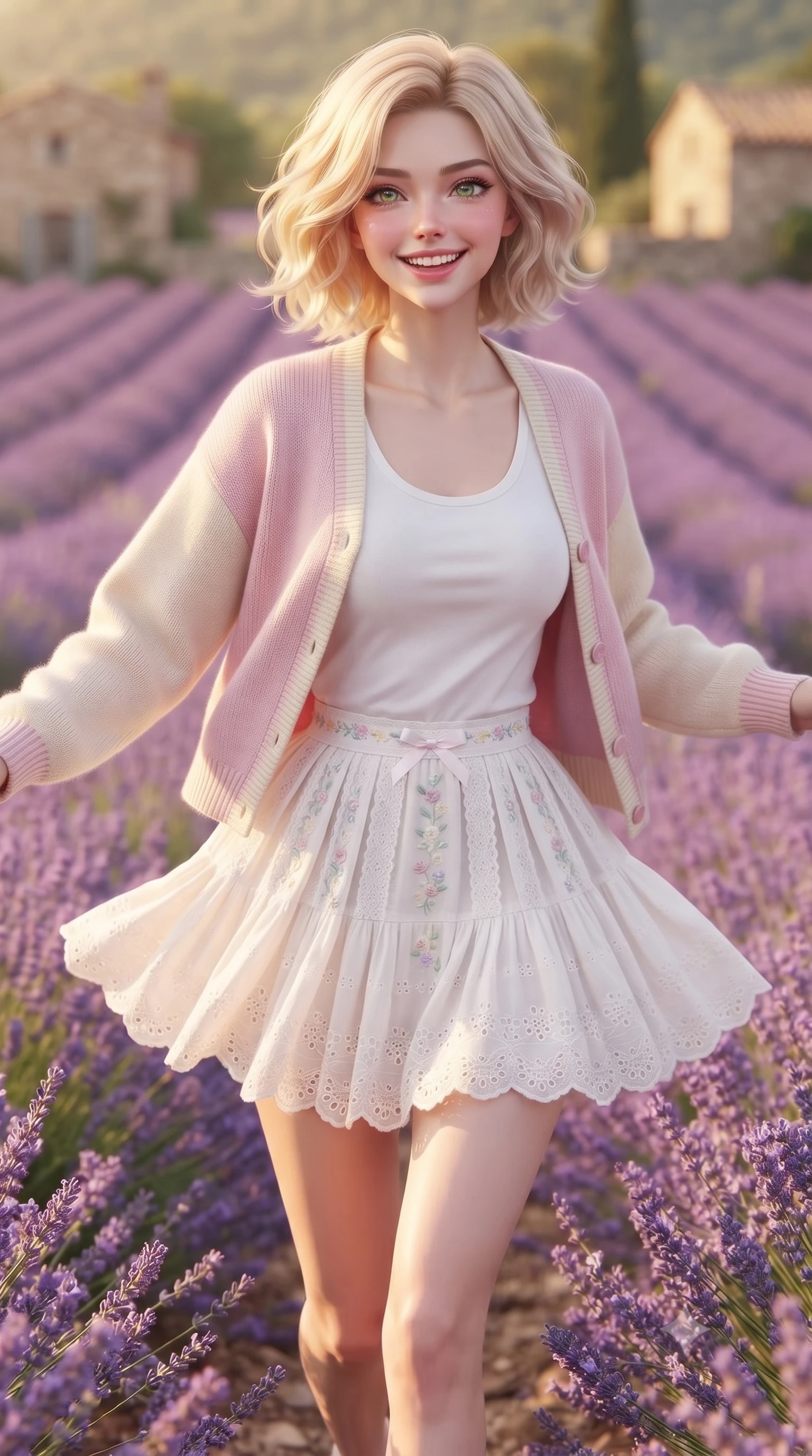 score_9, masterpiece, best quality, ultra-detailed, high-budget anime keyframe, editorial fashion photography, tasteful artistic composition, Caucasian woman. close-up cowboy shot from the waist and thighs up, the character dominates the composition, filling the frame with her large presence. radiating a joyful bright smile with sparkling jewel-like eyes and pure charming energy, leaning forward with playful grace while running playfully through endless rolling rows of violet lavender under a warm golden Mediterranean sun. The composition keeps background elements in soft focus with creamy bokeh. endless rolling purple lavender fields and vintage stone cottage walls blurred into dreamy violet and golden bokeh. She has an exceptionally elegant, slender, and willowy female figure with an ultra-slim waist, a gracefully sculpted slender torso, toned flat midriff, and a refined slim silhouette. sharp v-shaped jawline, high-bridge nose, intricate jewel-like eyes with depth, thick eyelashes, glossy lips with a natural sheen, pure and lovely fresh girlhood expression, flawlessly proportioned anatomical accuracy, strict slender model proportions, natural body alignment, perfectly sculpted long slender limbs, ultra-slim waistline, clean dynamic posture without body distortion. wearing a chic pastel varsity cardigan over a simple white scoop-neck tee and a pleated mini skirt in fresh alpine white with subtle pastel floral accents, woven with delicate eyelet lace and breathable cotton voile, accented with a dainty ribbon bow at the waistline, the soft airy drape swaying gracefully with her dynamic movements, emphasizing her tall willowy build and slim waistline. surrounded by a romantic, sweet, and wonderfully heartwarming cottagecore girlhood aura. ultra-reflective glossy finish, specular highlights, rich natural textures, high-contrast stereoscopic depth, volumetric dynamic lighting, 2k, ultra detail, master piece, 9:16 ratio