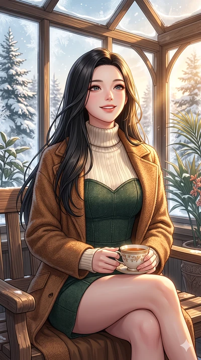 score_9, masterpiece, best quality, ultra-detailed, high-budget anime keyframe, vibrant anime aesthetic, Korean woman. cowboy shot from the thighs up, character and outfit filling the frame for maximum presence. She is holding a cup of tea, smiling w
