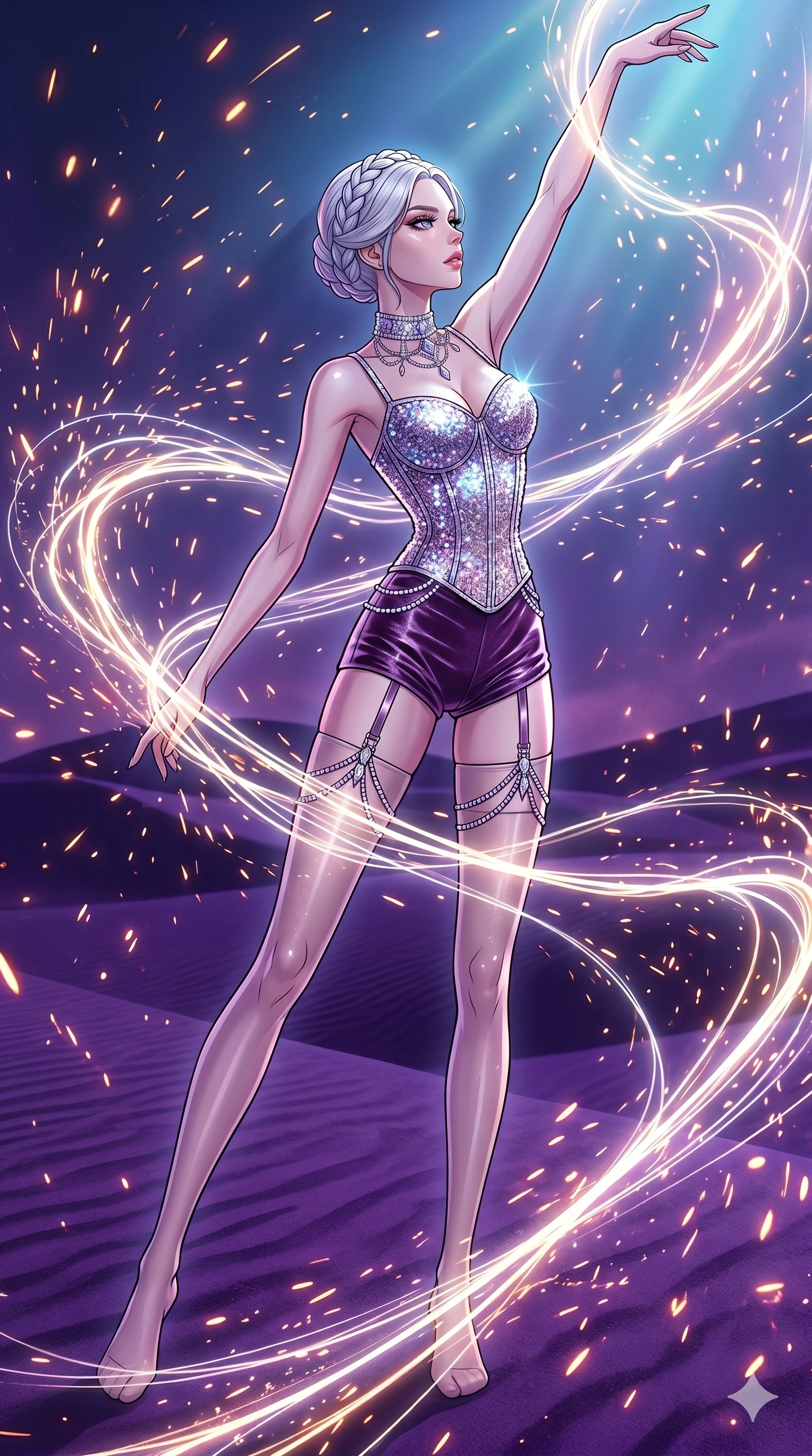 score_9, masterpiece, best quality, ultra-detailed, high-budget anime movie keyframe, cinematic anime lighting, intricate line art, Caucasian (strictly human ears) woman. Dynamic full-body shot stretching the vertical silhouette across the 9:16 frame. weaving threads of light in a desert of purple sands in a storm of sparks. She has an absolutely perfect 8-heads proportion, an exceptionally tall and slender female figure with an ultra-slim waist and impossibly long slender legs. sharp v-shaped jawline, high-bridge nose, intricate jewel-like eyes, thick eyelashes, glossy lips. Wearing luxurious K-pop idol stage outfit featuring a sparkling sequined corset, high-cut velvet shorts, and sheer silk stockings with garter belts, accessorized with crystal chokers. The scene is illuminated by dramatic atmospheric lighting and vibrant color palettes. , 2k, ultra detail, master piece, 9:16 ratio