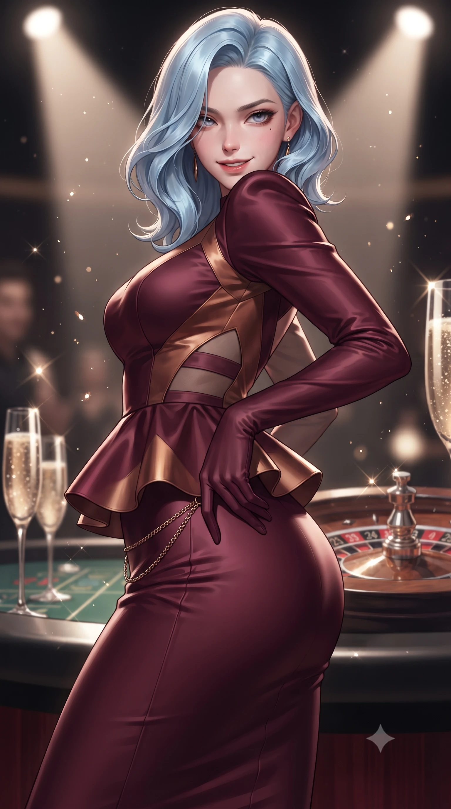 score_9, masterpiece, best quality, ultra-detailed, high-budget anime keyframe, editorial fashion photography, tasteful artistic composition, Korean woman. close-up cowboy shot from the waist and thighs up, the character dominates the composition, filling the frame with her large presence. arching her spine backward with effortless dancer poise, one hand sliding along her hip line as directional light carves specular highlights along her silhouette while twisting her slender torso in a deep contrapposto stance beside the private casino bar, glancing over her shoulder with an audacious, teasing smirk. The composition keeps background elements in soft focus with creamy bokeh. crystal champagne bubbles and roulette wheel chrome reflections scattering sparkling light motes. She has an exceptionally elegant, slender, and willowy female figure with an ultra-slim waist, a gracefully sculpted slender torso, toned flat midriff, and rounded feminine hips creating an alluring hourglass silhouette. sharp v-shaped jawline, high-bridge nose, intricate jewel-like eyes with depth, thick eyelashes, glossy parted lips with a natural sheen, intensely captivating and seductive bedroom-eyes expression, flawlessly proportioned anatomical accuracy, strict slender model proportions, natural body alignment, perfectly sculpted long slender limbs, ultra-slim waistline, clean dynamic posture without body distortion. wearing a structural geometric peplum gown with sheer side-ribbon cutouts and form-fitting skirt in rich wine burgundy and liquid bronze, made of liquid silk jersey adhering flawlessly to her slender build, accented with a delicate gold chain belt resting loosely on her curvy hips, the glove-like aerodynamic silhouette tightly following the natural contour of her hips and long slender legs with statuesque precision. illuminated by crisp directional spotlights sharply defining her narrow waistline, sculpted spine, and curvy hips. ultra-reflective glossy finish, specular highlights, rich textural contrasts, high-contrast stereoscopic depth, volumetric dynamic lighting, 2k, ultra detail, master piece, 9:16 ratio