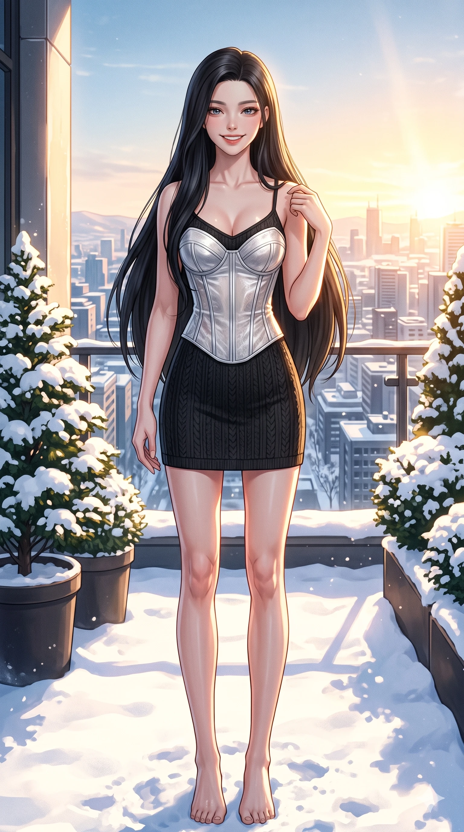 score_9, masterpiece, best quality, ultra-detailed, high-budget anime keyframe, vibrant anime aesthetic, Korean woman. cowboy shot from the thighs up, character and outfit filling the frame for maximum presence. She is standing proud in the winter sun, her lips curved in a warm, lively winter grin in snow on a sun-drenched penthouse garden terrace in winter (Code-P21-176). She has an absolutely perfect 8-heads proportion, an exceptionally tall and slender female figure with impossibly long slender legs and an ultra-slim waist. V-shaped jawline, high-bridge nose, intricate jewel-like eyes with depth, thick eyelashes, glossy lips with a natural sheen. wearing a semi-opaque structured bodice over a black textured knit slip dress in winter. She is bathed in soft sun-kissed golden rays, creating beautiful highlights and shadows in winter. 2k, ultra detail, master piece, 9:16 ratio