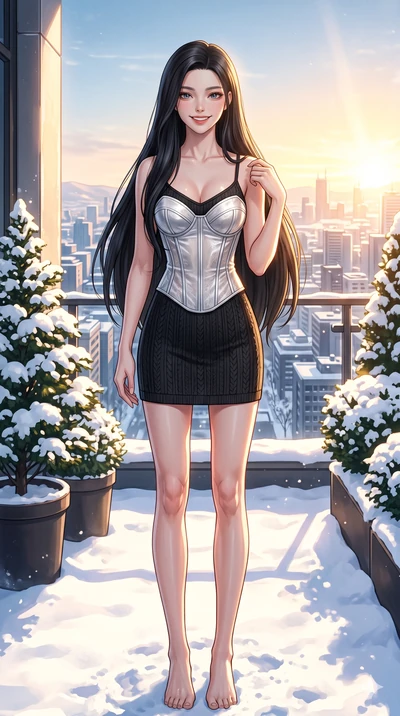 score_9, masterpiece, best quality, ultra-detailed, high-budget anime keyframe, vibrant anime aesthetic, Korean woman. cowboy shot from the thighs up, character and outfit filling the frame for maximum presence. She is standing proud in the winter su