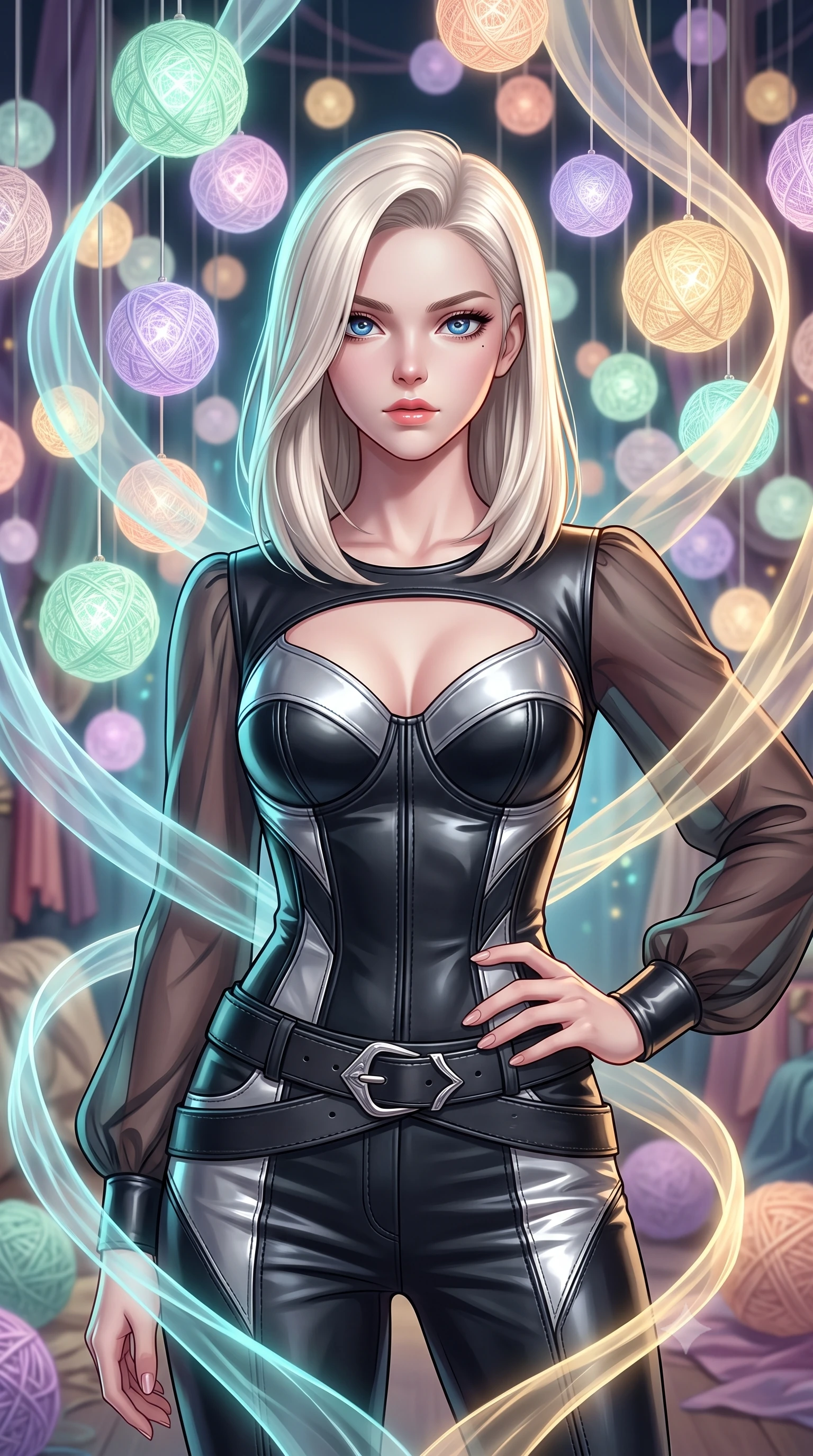 score_9, masterpiece, best quality, ultra-detailed, high-budget anime keyframe, editorial fashion photography, tasteful artistic composition, Caucasian woman. close-up cowboy shot from the waist and thighs up, the character dominates the composition, filling the frame with her large presence, background elements kept in soft focus. Holding a confident power pose with one hand on her hip, gazing directly into the camera with quiet intensity resting amidst suspended illuminated yarn spheres glowing with pastel tones, translucent silk ribbons swirling around her body like light streams. She has an exceptionally elegant, slender, and willowy female figure with an ultra-slim waist, a gracefully sculpted slender torso, and a refined silhouette. sharp v-shaped jawline, high-bridge nose, intricate jewel-like eyes with depth, thick eyelashes, glossy lips with a natural sheen. wearing a tailored leather bustier over a sheer silk chiffon blouse in matte black and polished silver, tailored from high-gloss patent leather, accented with a Tasteful chest slit framing her clavicle gracefully, the sleek second-skin texture accentuating her magnetic presence. illuminated by the brilliant glow of cyan and gold luminescent threads. highly saturated vibrant anime colors, detailed shading with soft gradients, rich glossy textures, high-contrast stereoscopic depth, volumetric dynamic lighting, master piece, 9:16 ratio