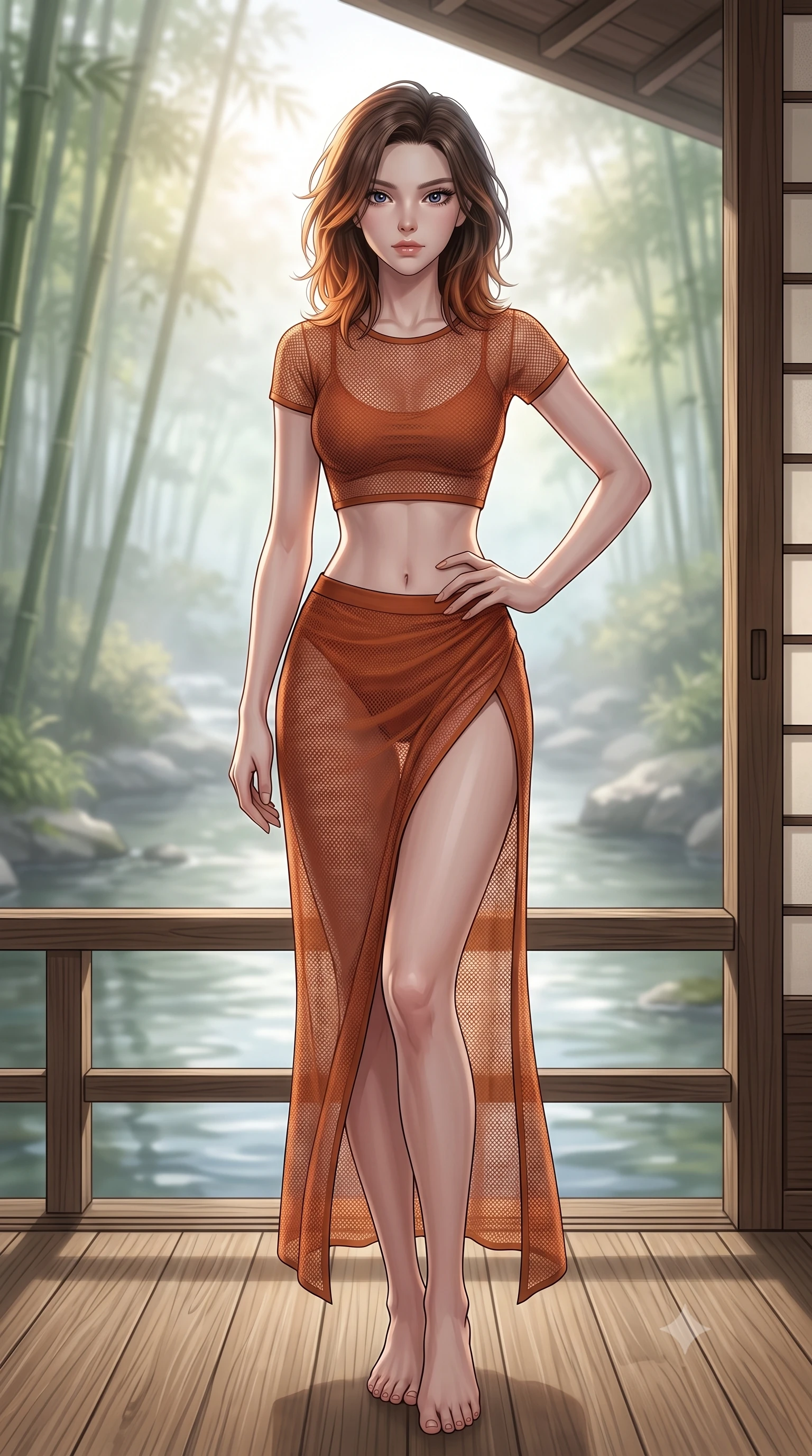 score_9, masterpiece, best quality, ultra-detailed, high-budget anime keyframe, editorial fashion photography, tasteful artistic composition, Korean woman woman. low angle full-body shot from head to toe showing her feet, filling the entire 9:16 vertical frame with her statuesque presence, stretching her vertical silhouette. posing confidently with one hand on her hip, stretching her statuesque body to emphasize her curves the background shows a soft-focus a wooden deck of a traditional Japanese inn overlooking a quiet stream and bamboo grove. She has an absolutely perfect, statuesque 8.5-heads proportion, an exceptionally tall and slender model-like female figure with impossibly long slender legs and an ultra-slim waist. sharp v-shaped jawline, high-bridge nose, intricate jewel-like eyes with depth, thick eyelashes, glossy lips with a natural sheen. wearing a slim-fit semi-transparent mesh crop top in rust orange, paired with a high-slit skirt. soft morning mist diffusing the sunlight, creating a tranquil atmosphere. 2k, ultra detail, master piece, 9:16 ratio