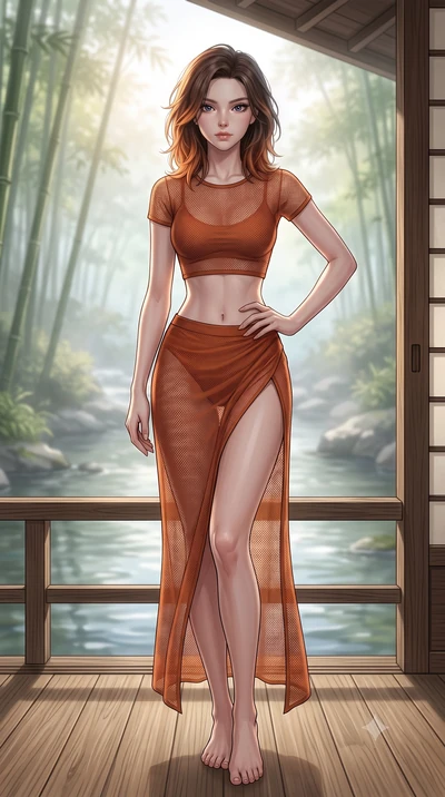 score_9, masterpiece, best quality, ultra-detailed, high-budget anime keyframe, editorial fashion photography, tasteful artistic composition, Korean woman woman. low angle full-body shot from head to toe showing her feet, filling the entire 9:16 vert
