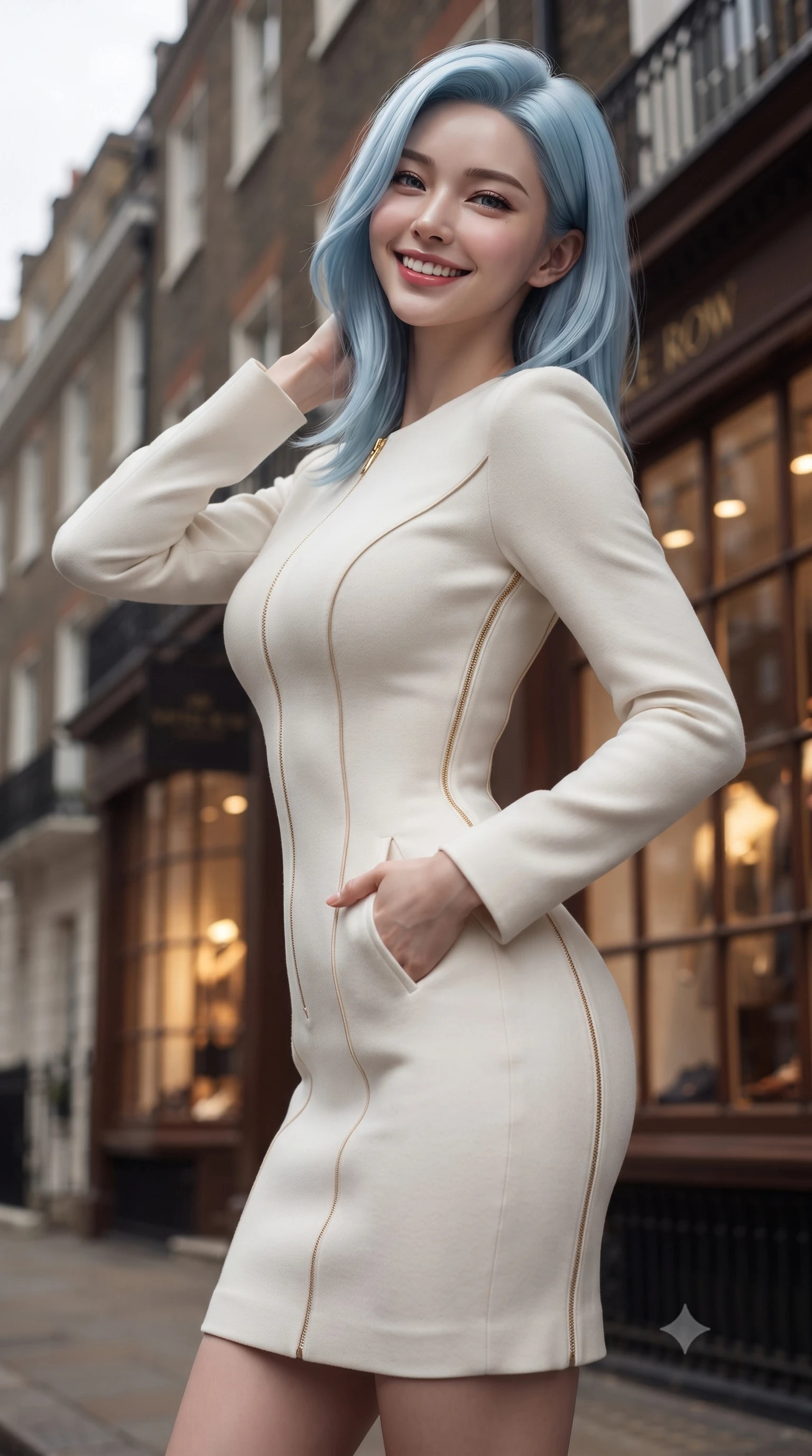 score_9, masterpiece, best quality, ultra-detailed, high-budget anime keyframe, editorial fashion photography, tasteful artistic composition, Korean woman. close-up cowboy shot from the waist and thighs up, the character dominates the composition, filling the frame with her large presence. resting one hand lightly behind her neck, arching her back with supermodel poise while beaming with an infectious radiant smile while pausing in front of the warm bay window of a heritage Savile Row tailor shop, one hand slipped gracefully into her tailored coat pocket. The background shows a soft-focus historic Georgian townhouse facades softened in moody London autumn shallow focus. She has an exceptionally elegant, slender, and willowy female figure with an ultra-slim waist, flat toned midriff, narrow ribcage, and sculpted feminine hips creating an alluring, slim hourglass silhouette without bulk. sharp v-shaped jawline, high-bridge nose, intricate jewel-like sparkling eyes with depth, thick eyelashes, glossy parted lips with a natural peach sheen, bright cheerful beaming smile with an enchanting and coquettish sensual glint, exuding both youthful cute charm and seductive allure, flawlessly proportioned anatomical accuracy, strict slender model proportions, natural body alignment, perfectly sculpted long slender limbs, ultra-slim waistline, clean dynamic posture without body distortion. wearing a sculpted double-faced wool knit dress with sleek architectural seam lines accentuating her flat midriff and feminine hips in Swiss alpine snow white and oat cashmere, made of high-gauge compact silk knit that hugs her curves with seamless sculpted precision, featuring fine gold zipper details tracing the vertical spine and contour seams, the liquid-tight tailored fabric clinging flawlessly to her narrow waist and rounded feminine hips, emphasizing every millimeter of her sculpted slim hourglass curves without any bulky heaviness. bathed in diffused London overcast sky light contrasted with warm incandescent shopfront display illumination. ultra-reflective glossy finish, specular highlights, rich textural contrasts, high-contrast stereoscopic depth, volumetric dynamic lighting, 2k, ultra detail, master piece, 9:16 ratio
