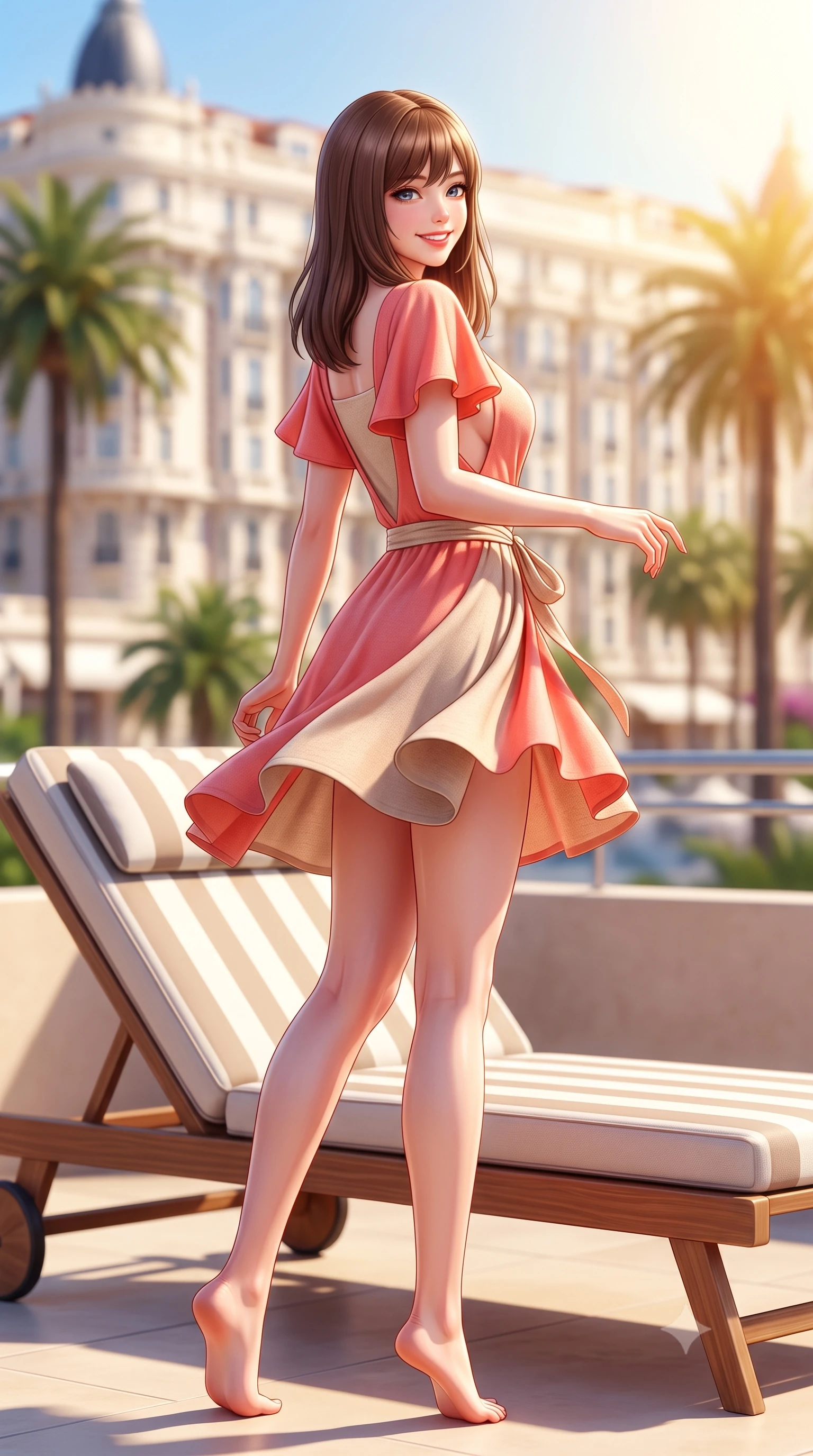 score_9, masterpiece, best quality, ultra-detailed, high-budget anime keyframe, semi-realistic 3D game render, editorial fashion photography, tasteful artistic composition, Korean woman. low angle full-body shot from head to toe showing her feet, filling the entire 9:16 vertical frame with her statuesque presence, stretching her vertical silhouette. executing a cheerful mid-motion pivot turn as her skirt flutters around her slender legs, glancing over her shoulder with an intoxicating, teasing cute expression while reclining on a chic striped sun lounger propped on one elbow, her curvy hips and long slender legs caressed by golden Mediterranean sun. The composition keeps background elements in soft focus with dreamy creamy bokeh. luxury Croisette palace hotels and palm boulevards softened in glamorous French Riviera shallow focus. She has an exceptionally tall and slender model-like 8.5-heads proportion, an ultra-slim waist, a flat toned midriff, narrow delicate ribcage, and beautifully sculpted feminine hips creating a graceful, slim hourglass silhouette without any bulky heaviness, with impossibly long slender legs. sharp v-shaped jawline, high-bridge nose, intricate jewel-like sparkling eyes with depth, thick eyelashes, glossy parted lips with a natural peach sheen, bright cheerful beaming smile with an enchanting and coquettish sensual glint, exuding both youthful cute charm and seductive allure, flawlessly proportioned anatomical accuracy, strict slender model proportions, natural body alignment, perfectly sculpted long slender limbs, ultra-slim waistline, clean dynamic posture without body distortion. wearing a breezy wrap mini dress with a deep V-neckline and tie-waist accentuating her sculpted flat midriff and hips in warm coral pink and soft oatmeal beige, crafted from soft cozy cashmere yarn with an airy drape, featuring elegant flutter sleeves and a graceful square neckline, the precision-cut side openings and low-back scoop framing her graceful spine and the sensual sweep of her slim, toned hips. bathed in brilliant midday Mediterranean golden sunlight and bright white sand bounce fill. highly saturated vibrant anime colors, detailed shading with soft gradients, rich glossy textures, high-contrast stereoscopic depth, volumetric dynamic lighting, master piece, 9:16 ratio