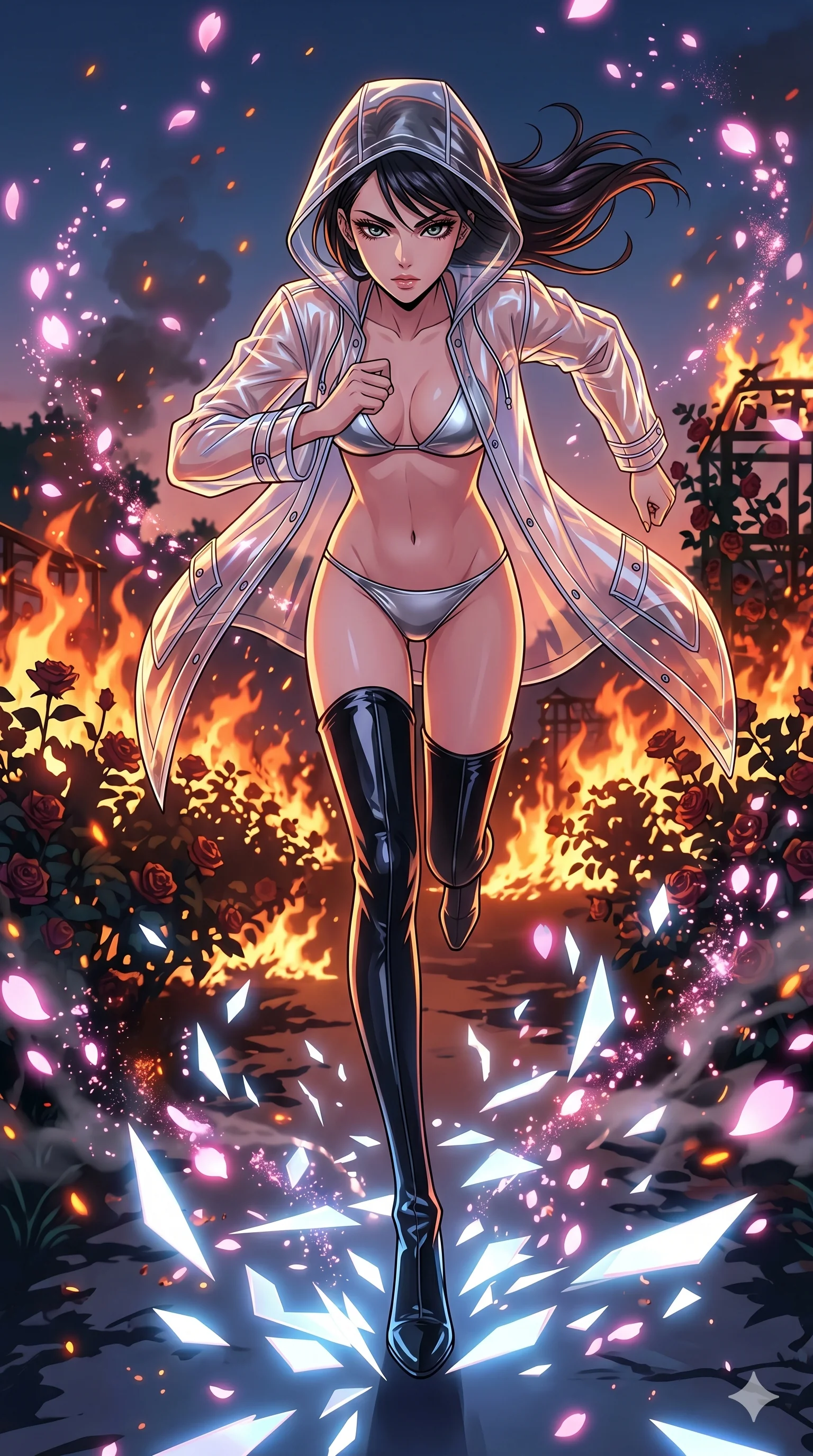 score_9, masterpiece, best quality, ultra-detailed, Set A: High-budget Anime Keyframe, Japanese woman. Low angle cowboy shot filling the entire 9:16 frame with her statuesque presence. Sprinting through a burning rose garden, as the ground beneath her turns into 31 shards of light and surrounded by digital sakura petals. She has an absolutely perfect 8-heads proportion, an exceptionally tall and slender female figure with impossibly long slender legs and an ultra-slim waist. Sharp v-shaped jawline, high-bridge nose, intricate jewel-like eyes with depth, thick eyelashes, glossy lips with a natural sheen. Wearing Transparent PVC raincoat over a metallic bikini and thigh-high patent boots. Cinematic lighting, vibrant colors, dramatic shadows, 2k, ultra detail, master piece, 9:16 ratio
