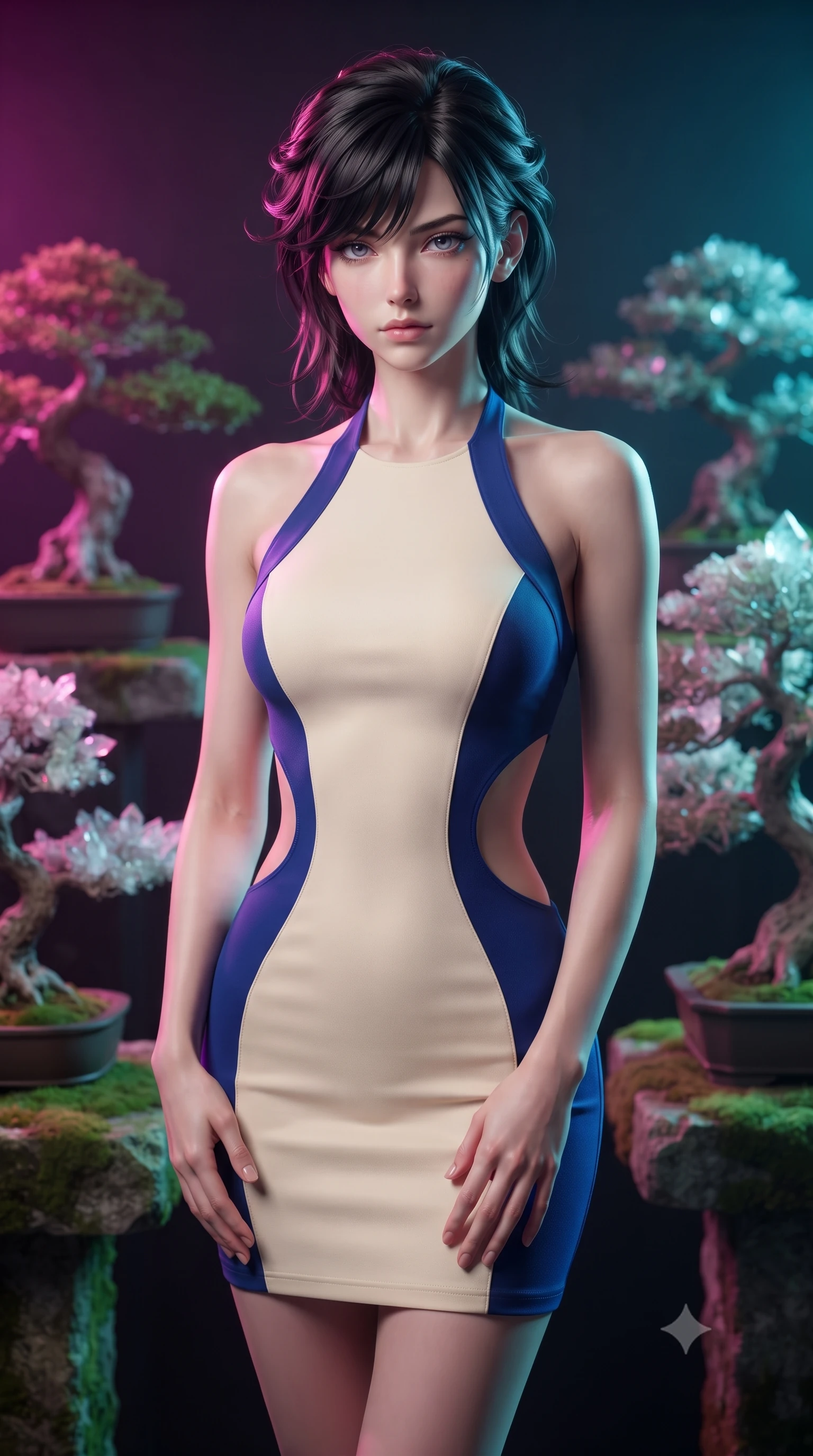 score_9, masterpiece, best quality, ultra-detailed, high-budget anime keyframe, editorial fashion photography, tasteful artistic composition, Caucasian woman, strictly human ears. close-up cowboy shot from the waist and thighs up, the character dominates the composition, filling the frame with her large presence, background elements kept in soft focus. Gazing past the camera with an air of effortless superiority. set against a soft-focus background of a meditation garden of ancient bonsai trees that have naturally petrified into crystal each preserving the perfect living form of a miniature tree in agate jasper and crystallized quartz on moss-covered stone platforms. She has an exceptionally elegant and slender, willowy female figure with an ultra-slim waist, a gracefully sculpted slender torso, and a refined slim physique. sharp v-shaped jawline, high-bridge nose, intricate jewel-like eyes with depth, thick eyelashes, glossy lips with a natural sheen. wearing a structured halter-neck bodycon dress in two-tone cobalt blue and cream, with dramatic curved cutouts at the sides of the torso. dual-tone lighting with hot magenta from the left and cool cyan from the right. 2k, ultra detail, master piece, 9:16 ratio