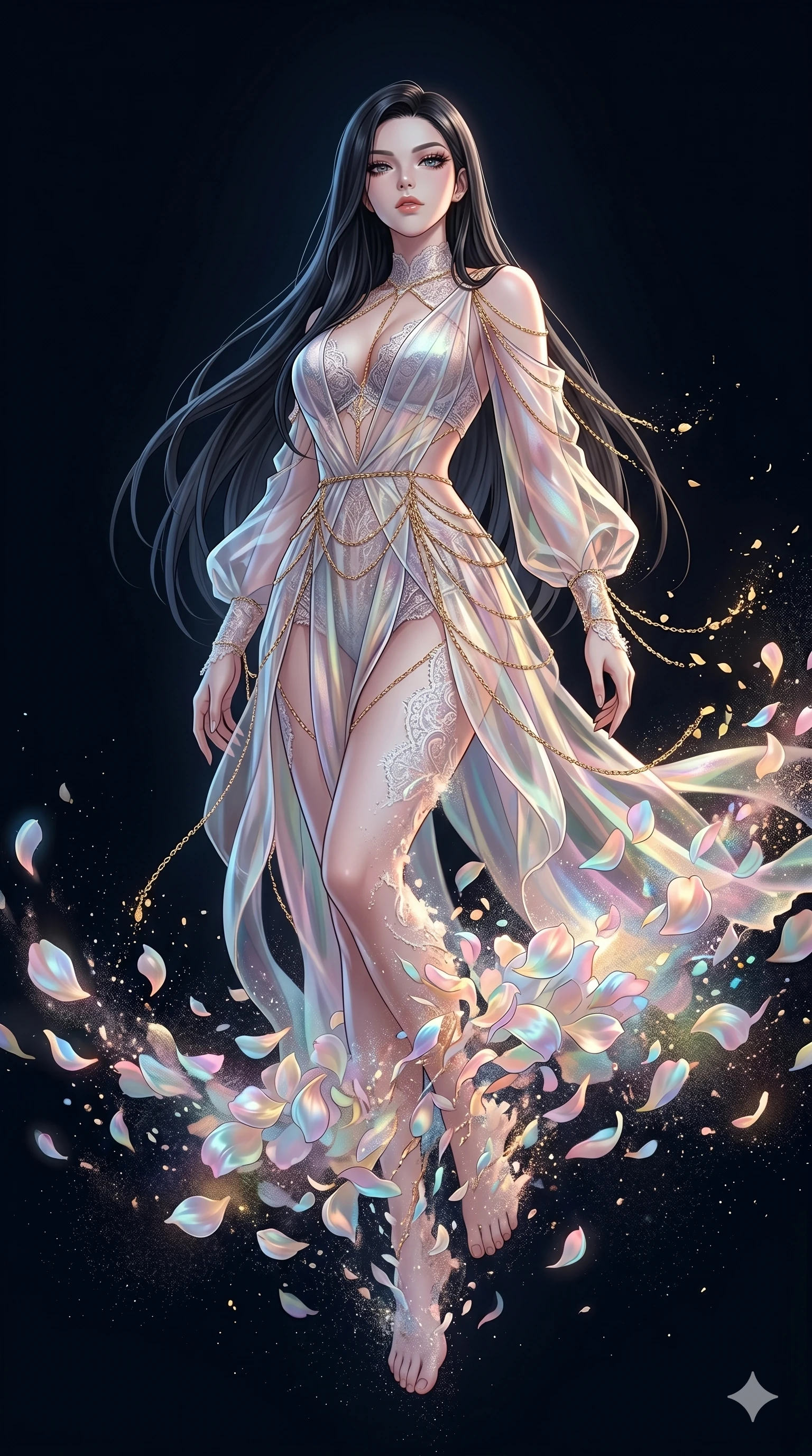 score_9, masterpiece, best quality, ultra-detailed, High-budget Anime Keyframe, East Asian woman. Low angle cowboy shot filling the entire 9:16 frame with her statuesque presence. Scenario 101: Dissolving into a cloud of iridescent silk petals in a void. Her presence is magnetic and overpowering in this high-budget anime scene. Outfit 101: A delicate technical lace avant-garde with a artistic translucent overlays and fine gold chains. The clothing is designed to emphasize her exceptionally tall and slender 8-heads proportion. 8-heads proportion, towering silhouette, ultra-slim waist. sharp v-shaped jawline, intricate jewel-like eyes with depth, thick eyelashes, glossy lips. 2k, ultra detail, master piece, 9:16 ratio