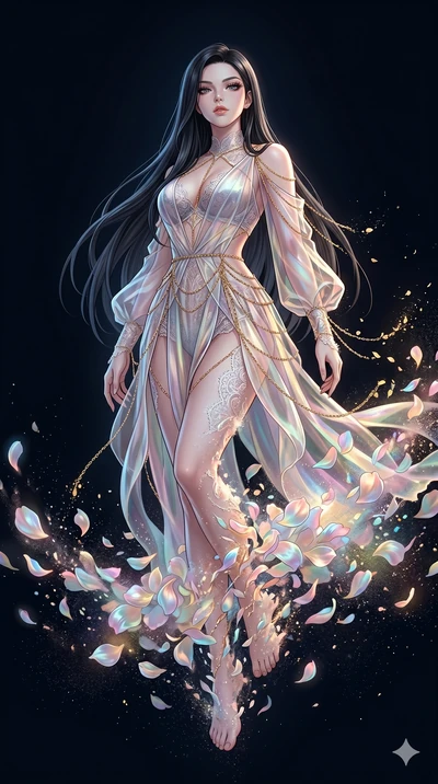 score_9, masterpiece, best quality, ultra-detailed, High-budget Anime Keyframe, East Asian woman. Low angle cowboy shot filling the entire 9:16 frame with her statuesque presence. Scenario 101: Dissolving into a cloud of iridescent silk petals in a v