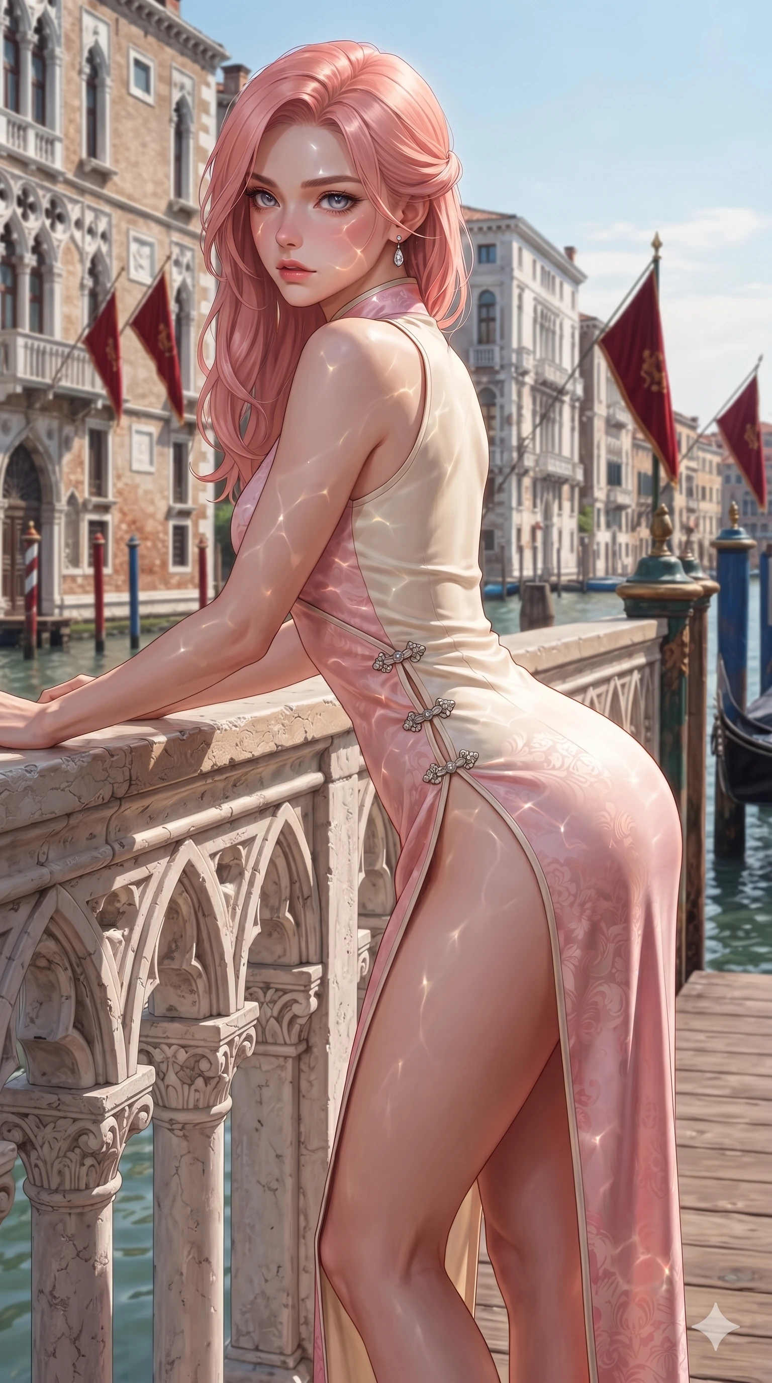 score_9, masterpiece, best quality, ultra-detailed, high-budget anime keyframe, editorial fashion photography, tasteful artistic composition, Japanese woman. close-up cowboy shot from the waist and thighs up, the character dominates the composition, filling the frame with her large presence. leaning forward over the carved stone gothic balustrade, looking back with sleepy seductive bedroom-eyes as water reflections dance across her silhouette while standing poised on the polished wooden regatta pier as crimson velvet mooring pennants flutter in the maritime breeze, arching her lower back with sovereign supermodel grace. The surrounding environment is rendered in vivid detail and crisp panoramic clarity: detailed haute-couture liquid-silk drape, metallic clasp accents, and historic Venetian maritime architecture in razor-sharp precision. She has an exceptionally elegant, slender, and willowy female figure with an ultra-slim waist, flat toned midriff, narrow ribcage, and sculpted feminine hips creating an alluring, slim hourglass silhouette without bulk. sharp v-shaped jawline, high-bridge nose, intricate jewel-like sparkling eyes with depth, thick eyelashes, glossy parted lips with a natural sheen, intensely captivating and seductive bedroom-eyes expression, exuding both youthful cute charm and sovereign luxury allure, flawlessly proportioned anatomical accuracy, strict slender model proportions, natural body alignment, perfectly sculpted long slender limbs, ultra-slim waistline, clean dynamic posture without body distortion. wearing an alluring high-slit wrap cheongsam secured by miniature jeweled clasps and revealing the curve of her hip in sakura blossom pink and warm ivory, crafted from bespoke double-faced cashmere with an exceptionally soft tactile finish, finished with a minimalist chrome choker and a single teardrop diamond pendant, the glove-like clinging cut tightly following the natural contour of her hips and long slender legs with youthful 8.5-heads elegance. illuminated by water surface bounce and sharp golden-amber rim lights sculpting her razor-sharp jawline, narrow waist, and curvy hips. ultra-reflective glossy finish, specular highlights, rich textural contrasts, high-contrast stereoscopic depth, volumetric dynamic lighting, 2k, ultra detail, master piece, 9:16 ratio