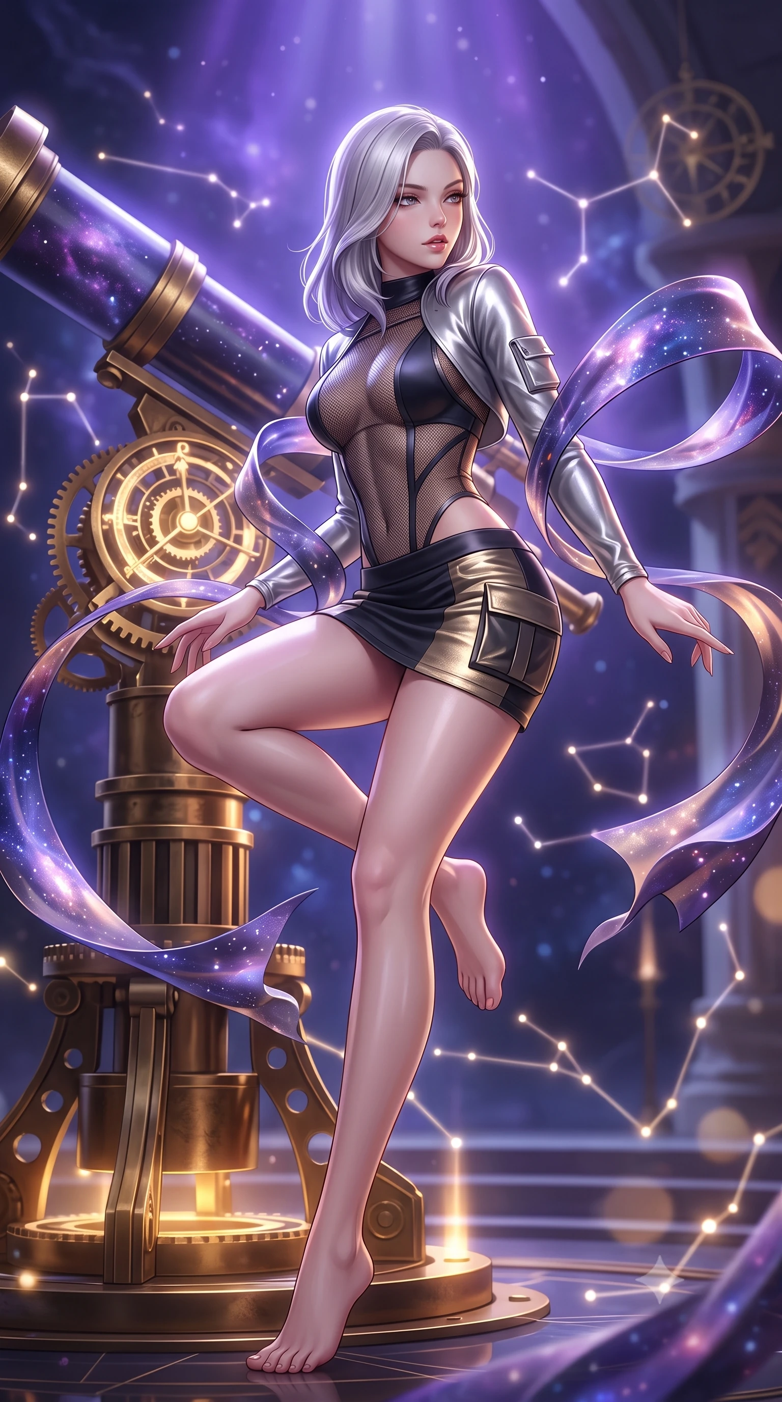 score_9, masterpiece, best quality, ultra-detailed, high-budget anime keyframe, semi-realistic 3D game render, editorial fashion photography, tasteful artistic composition, Caucasian woman. low angle full-body shot from head to toe showing her feet, filling the entire 9:16 vertical frame with her statuesque presence, stretching her vertical silhouette. executing an elegant mid-motion pivot turn as garments swirl around her slender limbs, glancing over her shoulder with an intoxicating bedroom-gaze while crouching gracefully beside the brass telescope mount, looking back with parted glossy lips as galactic starlight washes over her curves. The composition keeps background elements in soft focus with creamy bokeh. glowing brass astrolabe gears and constellation hologram lines softened in romantic shallow focus. She has an absolutely perfect, statuesque 8.5-heads proportion, an exceptionally tall and slender model-like female figure with impossibly long slender legs, a toned flat midriff, an ultra-slim waist, and beautifully sculpted feminine hips. sharp v-shaped jawline, high-bridge nose, intricate jewel-like eyes with depth, thick eyelashes, glossy parted lips with a natural sheen, intensely captivating and seductive bedroom-eyes expression, flawlessly proportioned anatomical accuracy, strict slender model proportions, natural body alignment, perfectly sculpted long slender limbs, ultra-slim waistline, clean dynamic posture without body distortion. wearing a futuristic sheer mesh bodysuit layered under a metallic silver shrug bolero and micro cargo skirt in midnight obsidian black and liquid stardust gold, tailored from fluid silk crepe with delicate inner corsetry boning, complemented by floating celestial silk ribbons catching the nebula light, the glove-like aerodynamic silhouette tightly following the natural contour of her hips and long slender legs with statuesque precision. bathed in cool violet nebula glow from above and warm golden brass indicator uplights. highly saturated vibrant anime colors, detailed shading with soft gradients, rich glossy textures, high-contrast stereoscopic depth, volumetric dynamic lighting, master piece, 9:16 ratio