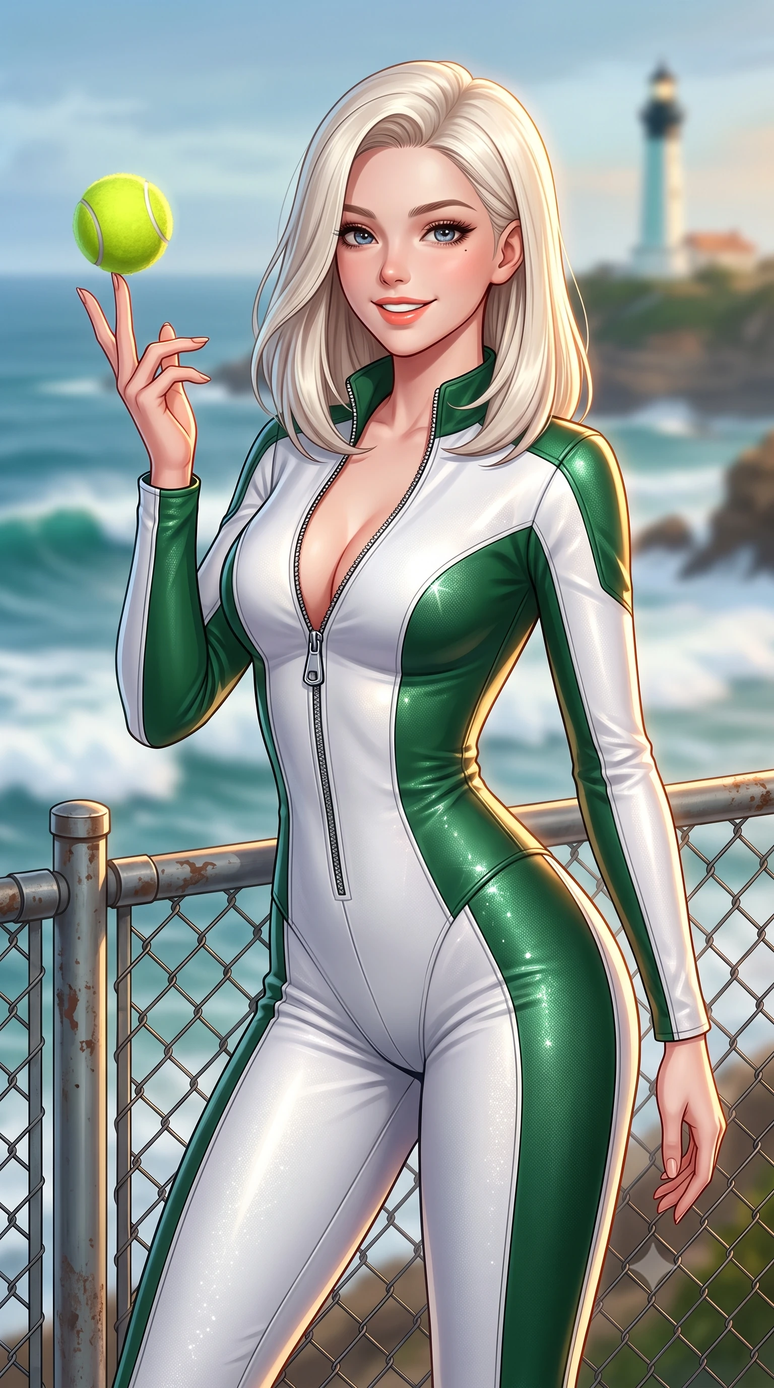 score_9, masterpiece, best quality, ultra-detailed, high-budget anime keyframe, semi-realistic 3D game render, editorial fashion photography, tasteful artistic composition, Caucasian woman. close-up cowboy shot from the waist and thighs up, the character dominates the composition, filling the frame with her large presence. playfully spinning a tennis ball on her fingertips, her radiant smile capturing fresh girlhood charm while her arched torso reveals an intoxicating hip contour while standing at the cliffside court fence high above crashing Atlantic rollers, arching her back with dynamic athletic grace. The background shows a soft-focus the dramatic rolling Atlantic surf breaking over coastal rocks and the historic Biarritz lighthouse blurred into seafoam, aquamarine, and amber bokeh. She has an exceptionally elegant, slender, and willowy female figure with an ultra-slim waist, flat toned midriff, narrow ribcage, and sculpted feminine hips creating an alluring, slim hourglass silhouette without bulk. sharp v-shaped jawline, high-bridge nose, sparkling eyes with athletic focus and depth, thick curled eyelashes, glossy parted lips with a natural coral-peach sheen, bright confident and coquettish smile with alluring bedroom-eyes, exuding both youthful sporty vigor and sovereign high-society glamour, flawlessly proportioned anatomical accuracy, strict slender model proportions, natural body alignment, perfectly sculpted long slender limbs, ultra-slim waistline, clean dynamic posture without body distortion. wearing an ultra-tight form-contouring racing leather catsuit in two-tone white and British racing green with a deep-plunging zip neck in alpine silver platinum and forest green, woven from metallic lurex and technical nylon with subtle starlight glints, finished with polished chrome zipper pulls and racing harness buckle hardware, the form-fitting tailored bodice adhering flawlessly to her sculpted flat midriff and slender torso, emphasizing her long leg lines and perfectly proportioned willowy build. illuminated by ocean surf bounce fill and sharp warm-gold rim lights defining her razor-sharp jawline, narrow waist, and curvy hips. highly saturated vibrant anime colors, detailed shading with soft gradients, rich glossy textures, high-contrast stereoscopic depth, volumetric dynamic lighting, master piece, 9:16 ratio