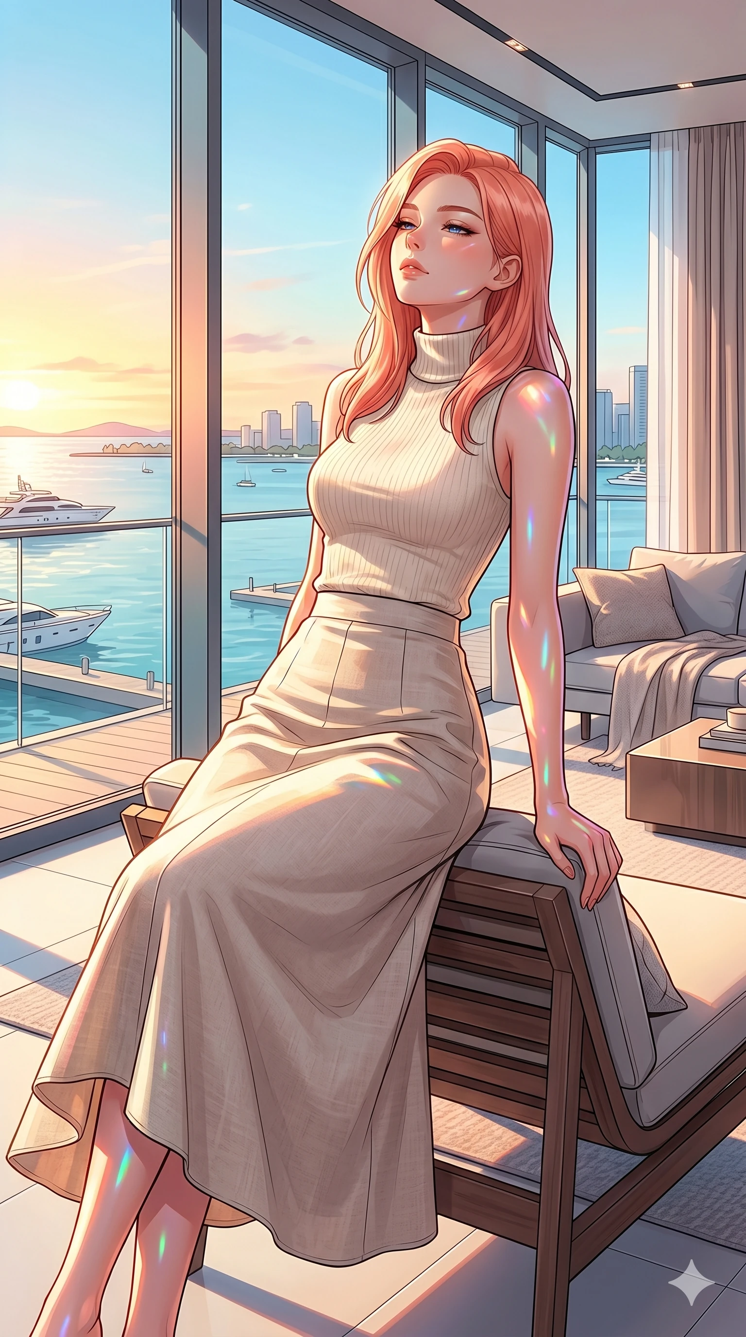 score_9, masterpiece, best quality, ultra-detailed, high-budget anime keyframe, editorial fashion photography, tasteful artistic composition, Japanese woman. cowboy shot from the thighs up, character and outfit filling the frame for maximum editorial presence. leaning back on a resort lounge chair, tilting her chin up with a relaxed, composed expression inside a modern penthouse living room with views of the sunny harbor (Code-P19-062). She has an absolutely perfect 8-heads proportion, an exceptionally tall and slender female figure with impossibly long slender legs and an ultra-slim waist. V-shaped jawline, high-bridge nose, intricate jewel-like eyes with depth, thick eyelashes, glossy lips with a natural sheen. wearing a high-neck knit top in cream paired with a long structured linen skirt. vibrant sunset colors casting colorful specular highlights on her skin. 2k, ultra detail, master piece, 9:16 ratio